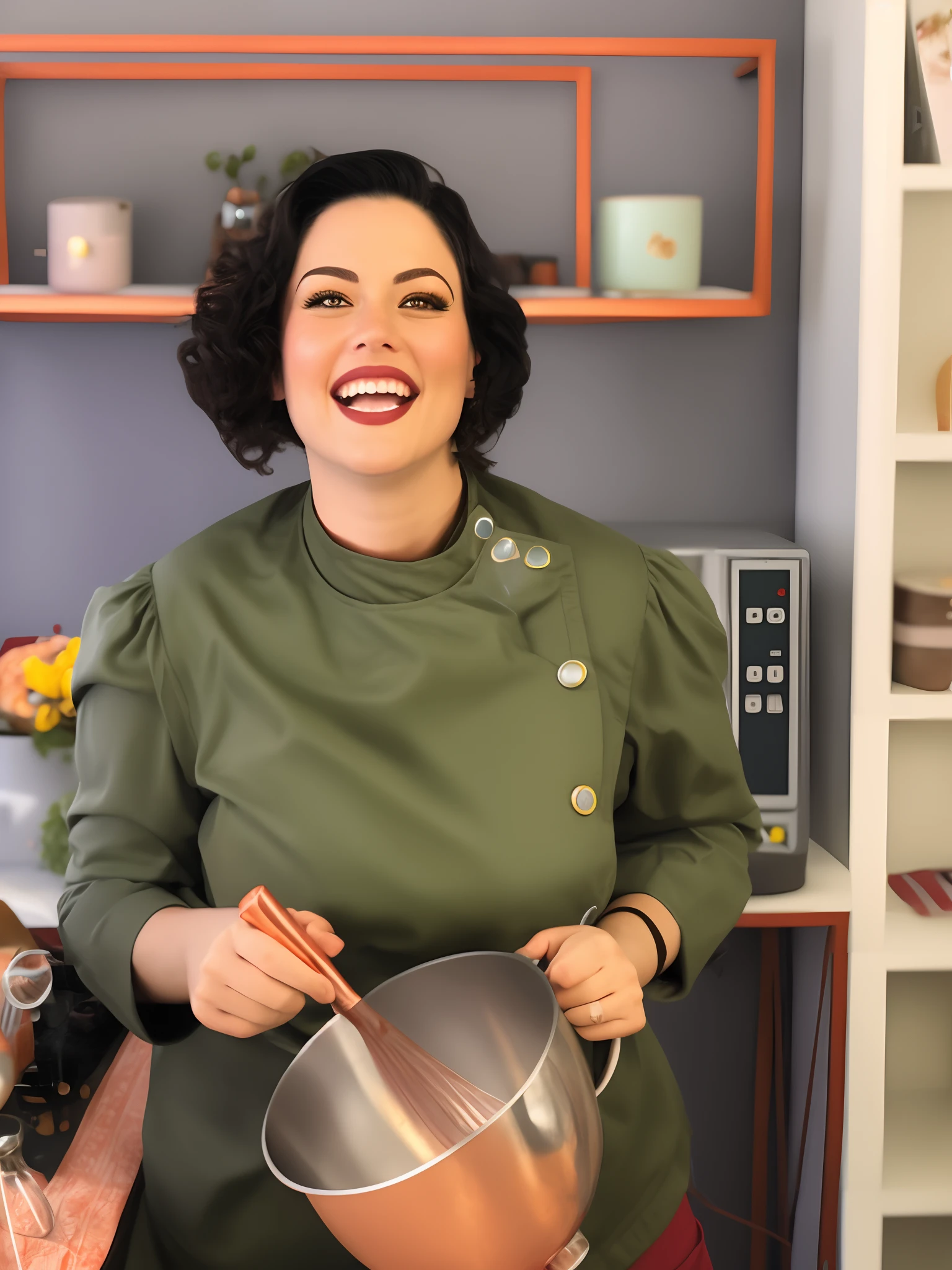 a closeup portrait of a playful maid, undercut hair, apron, amazing body, pronounced feminine feature, busty, kitchen, [ash blonde | ginger | pink hair], freckles, flirting with camera