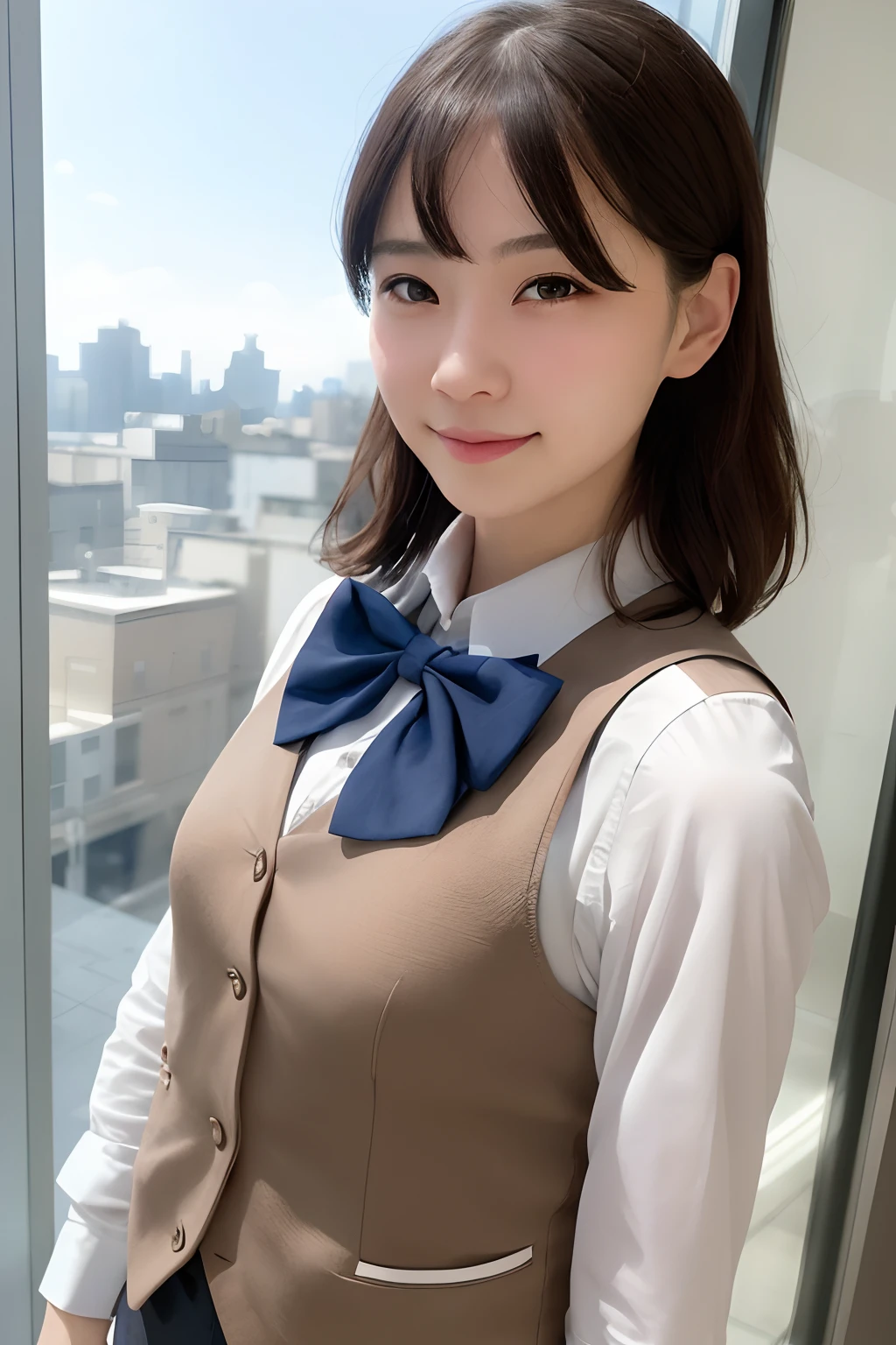 1girl, matured female, vest, bow, photo, realistic, best quality, hires, detailed face, office, buildings from window, detailed background, diffused sunlight, depth of field, bokeh