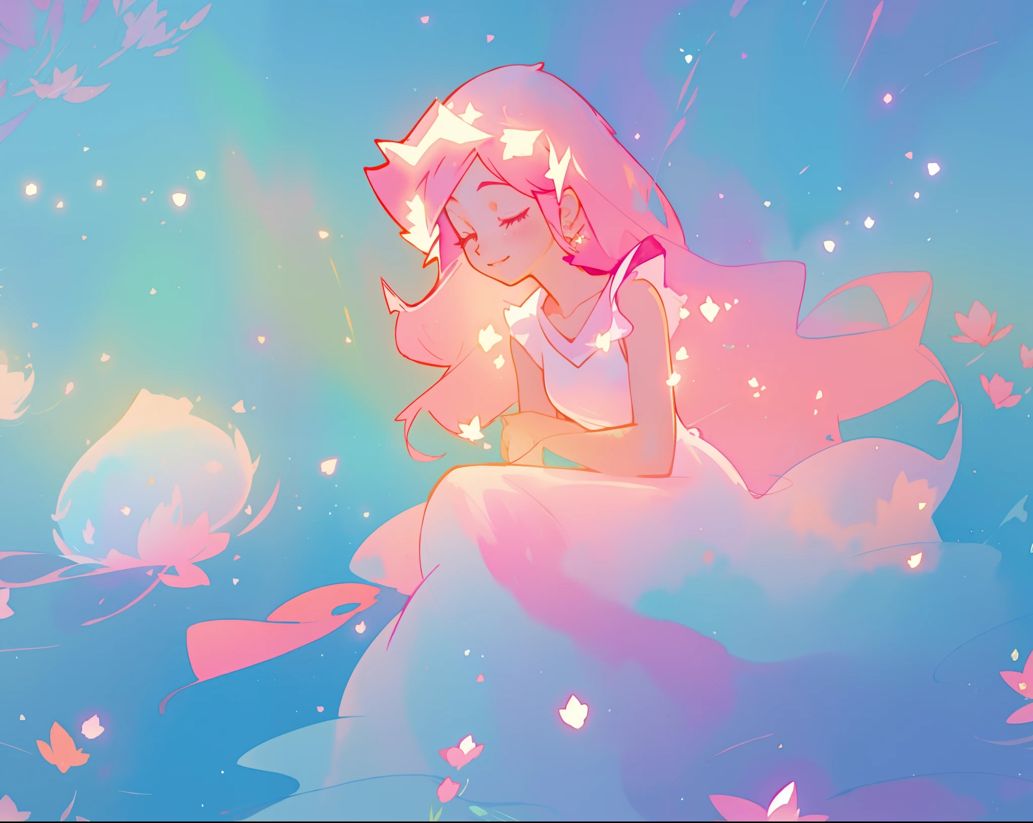 beautiful girl in sparkling flowing dress, long flowing pink hair, colorful fantasia background, watercolor illustration, disney art style, glowing aura around her, glowing lights, beautiful digital illustration, fantasia otherworldly landscape plants flowers, beautiful, masterpiece, best quality, anime disney style