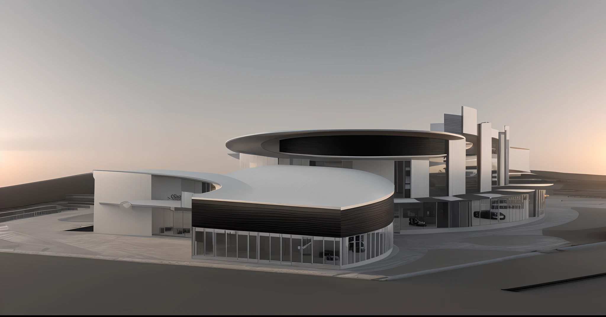 A Dof rendering of modern car showroom in the sunrise, ground glasses wall, nutural stone, impressive roof, 3Dsmax, beautiful, high quality, ambient light, golden and black and white scheme