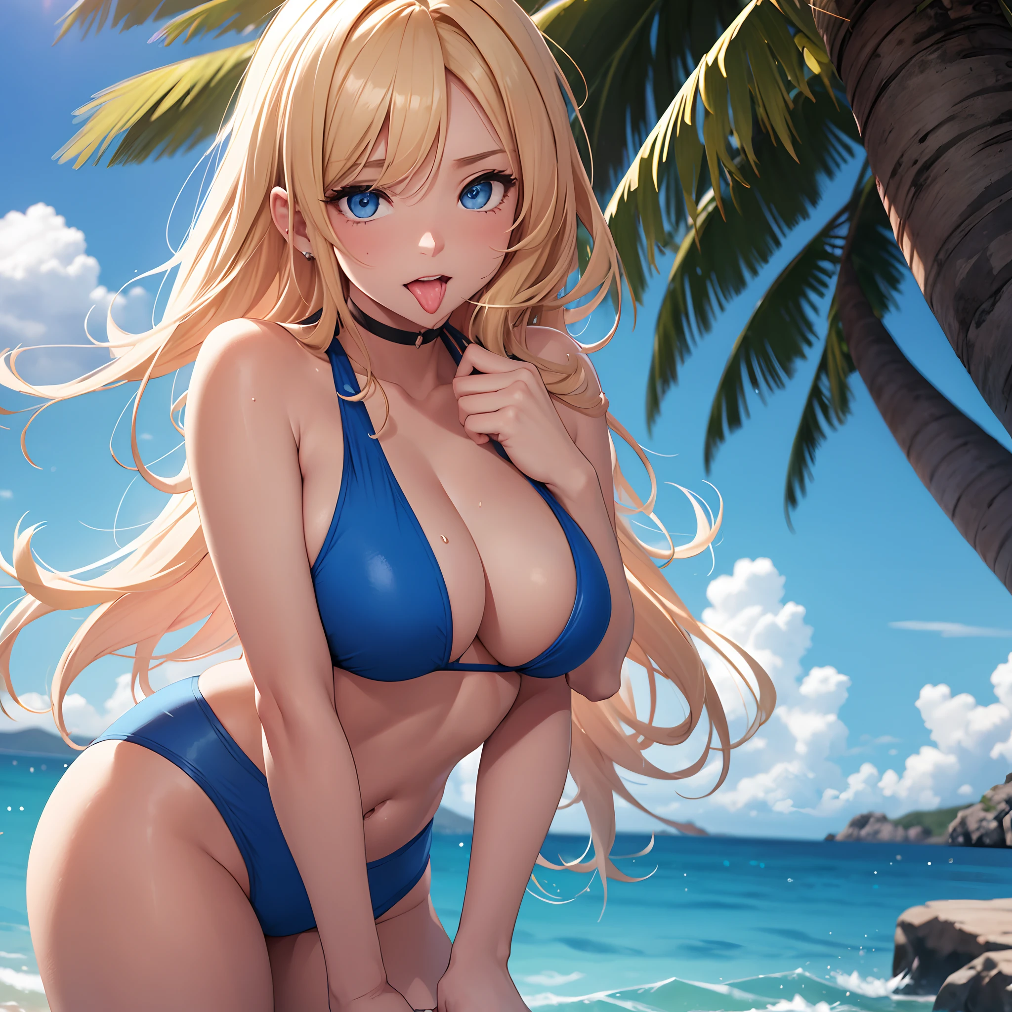 A girl with golden hair and blue eyes, she is using a short blue bikini, she is standing in front the sea, the day is very sun and warm, so she has sweet in all her body, her lips and cheeks are very pretty and pink, hes hands are resting on her face. She is with her tongue out and her eyes are looking up. She has saliva on her tongue.