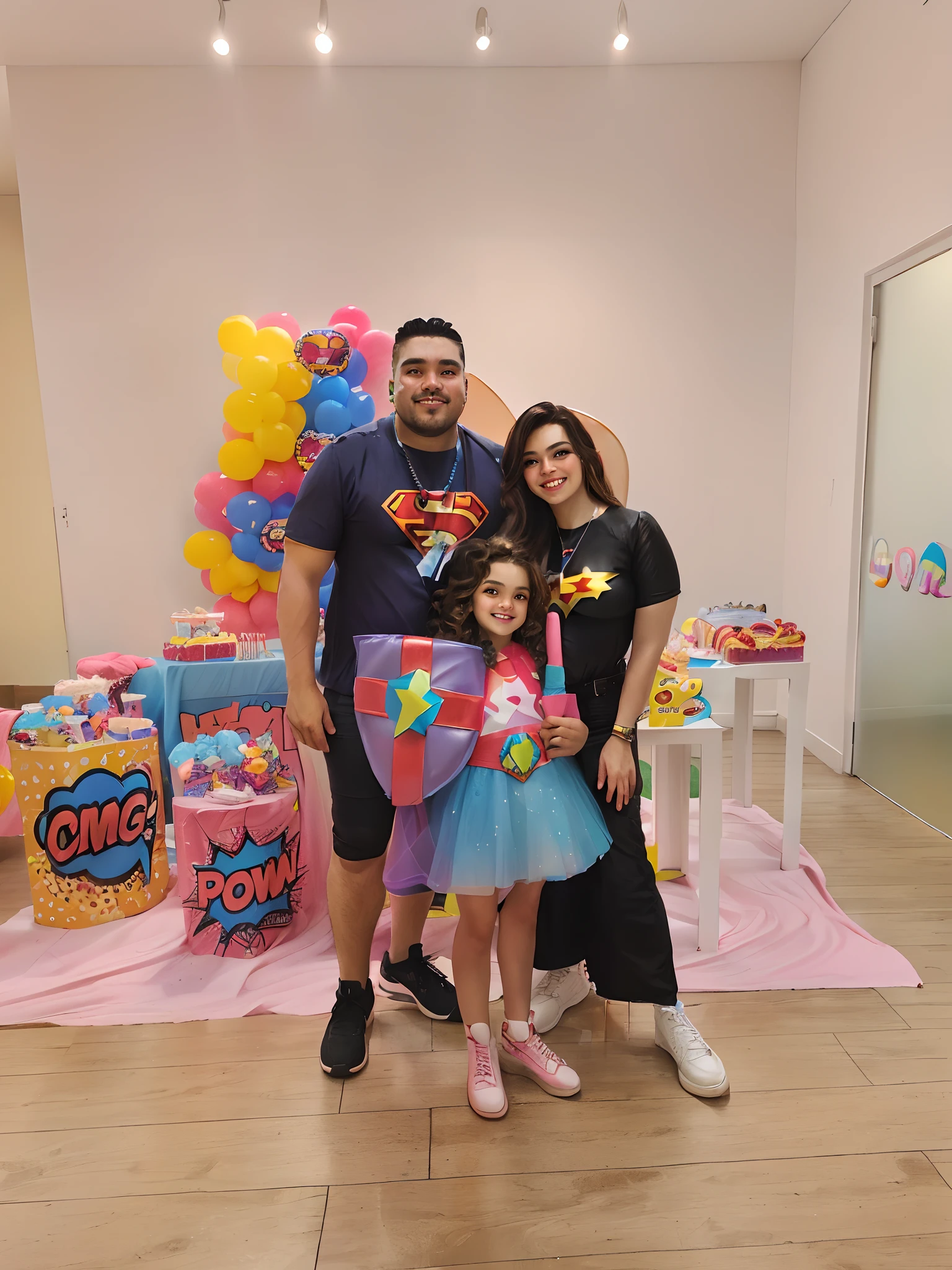There's a man and a woman and a child posing for a photo, wearing hero costume, super-hero girl, Directed by: Robbie Trevino, posing like a superhero, Directed by: David Ruby, by Amelia Peláez, Alex Yanes e Lisa Frank, birthday party, puerto rican super hero, Superheroíne, divertindo-se, at a birthday party, cabrito