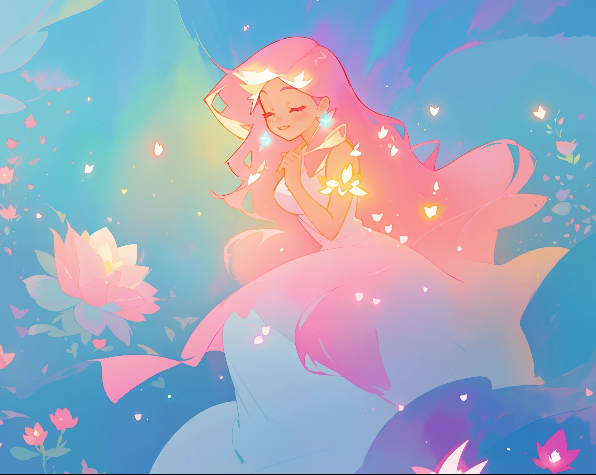 beautiful girl in sparkling flowing dress, long flowing pink hair, colorful fantasia background, watercolor illustration, disney art style, glowing aura around her, glowing lights, beautiful digital illustration, fantasia otherworldly landscape plants flowers, beautiful, masterpiece, best quality, anime disney style