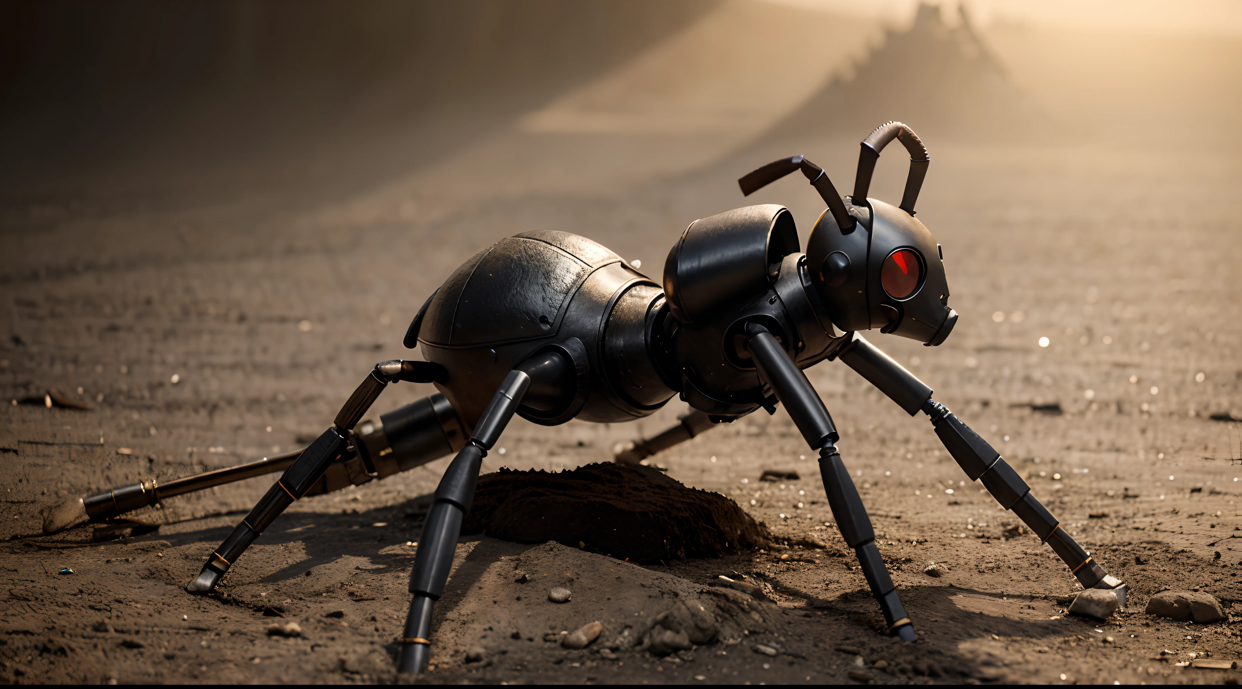 create an ant with long but metal legs with a gas mask