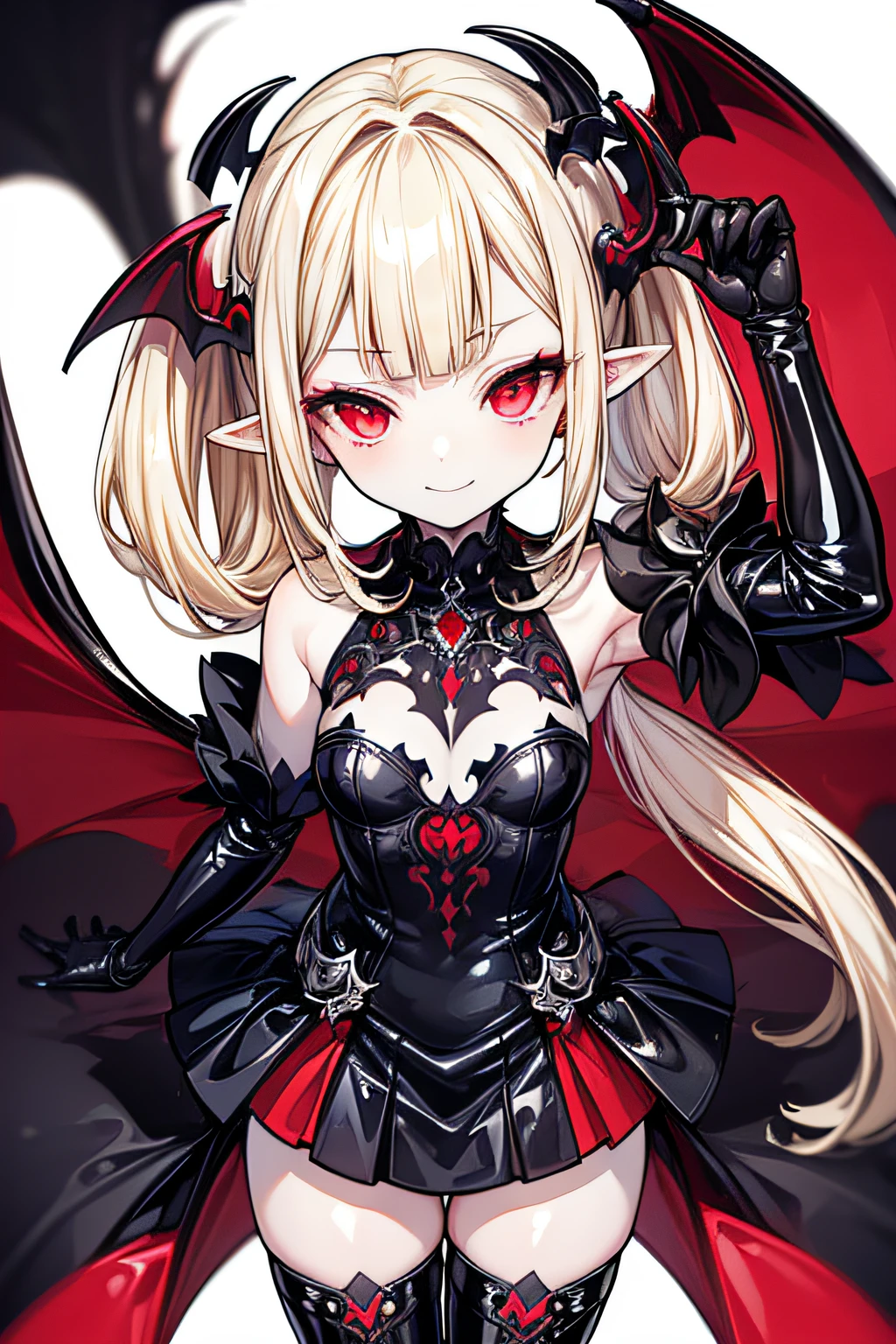 ((masterpiece, best quality, extremely detailed CG, unity 8k wallpaper,anatomically correct,ultra resolution)),(upper body, legs and shoes visible: 1.2),Award-winning photography,(best illumination,Very Delicate and Beautiful),(one girl,solo,:1.5),(Vampire:1.5),(blond hair),(low ponytail:1.2),glowing red eyes,(morbid pale skin:1.4),(extremely beautiful and detailed face:1.2), (extremely beautiful and detailed eyes:1.2),perfect hands,delicate legs,((bat hair ornament)),(casual,fashion),(preated mini skirt),pointy ears,((gown:1.45,black latex thigh boots,black leather gloves)),looking at viewer,(slim body),morbid smile,dark persona,evil,(cute:1.5),(perfect human body structure with maximum precision),((upper body)),(standing),white background,evil smile,