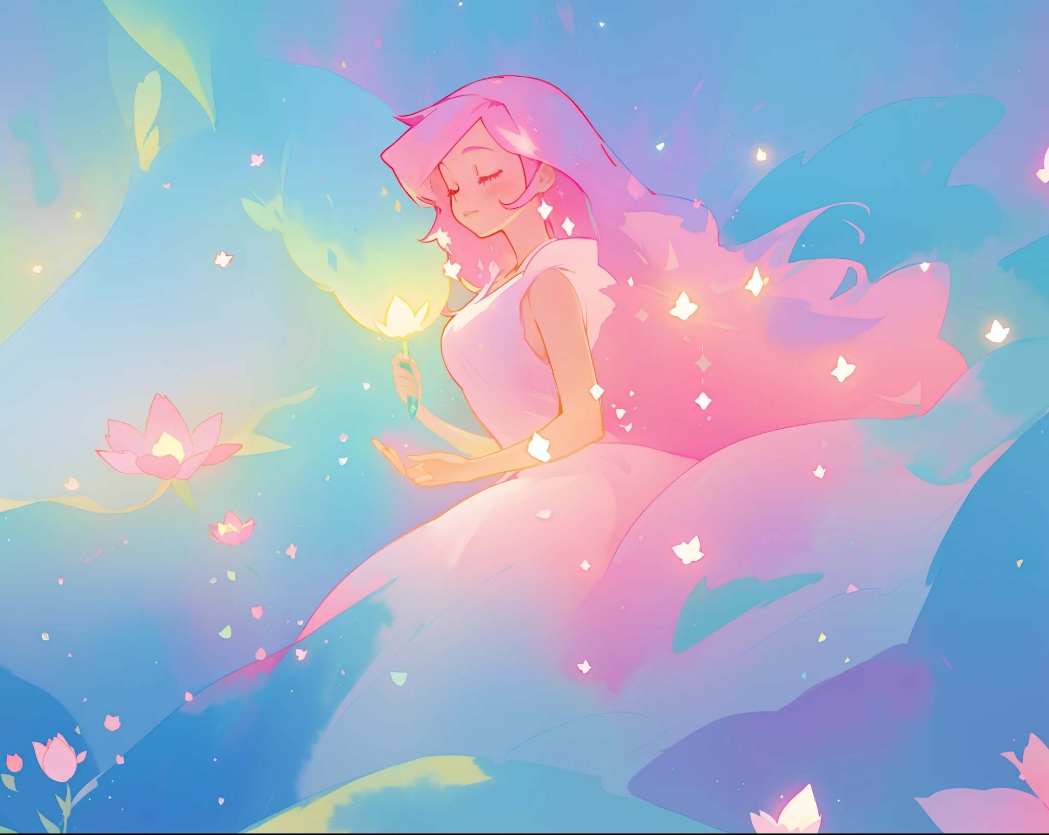 beautiful girl in sparkling flowing dress, long flowing pink hair, colorful fantasia background, watercolor illustration, disney art style, glowing aura around her, glowing lights, beautiful digital illustration, fantasia otherworldly landscape plants flowers, beautiful, masterpiece, best quality, anime disney style