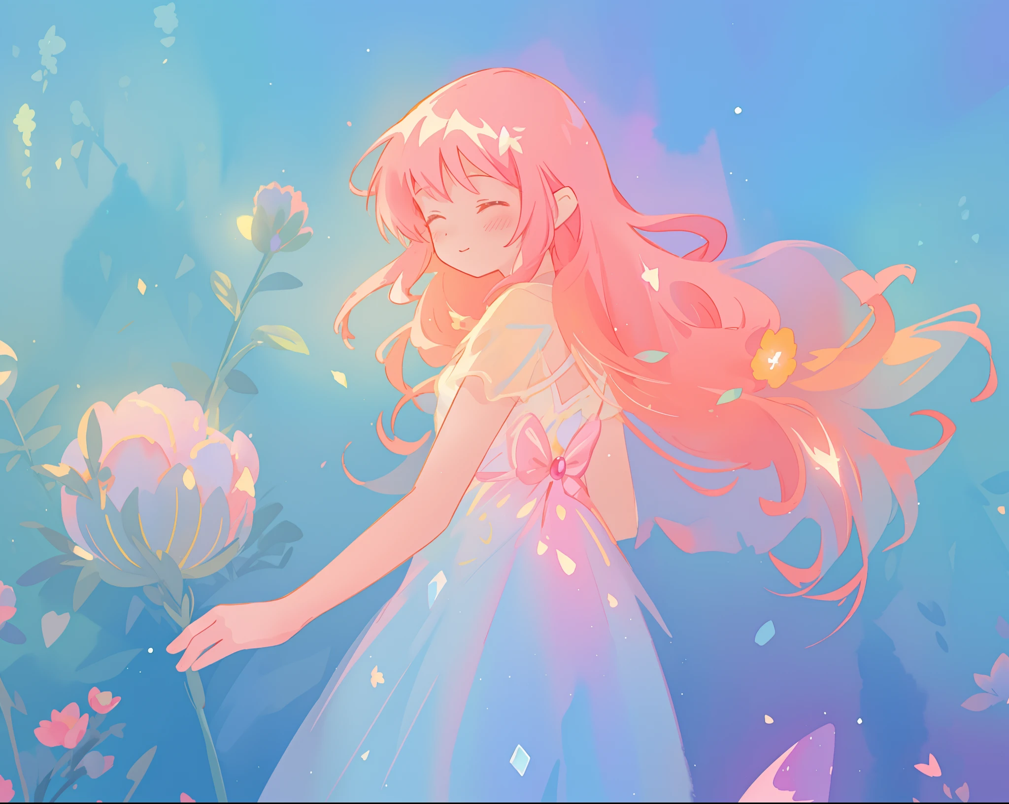 beautiful girl in sparkling flowing dress, long flowing pink hair, colorful fantasia background, watercolor illustration, disney art style, glowing aura around her, glowing lights, beautiful digital illustration, fantasia otherworldly landscape plants flowers, beautiful, masterpiece, best quality, anime disney style