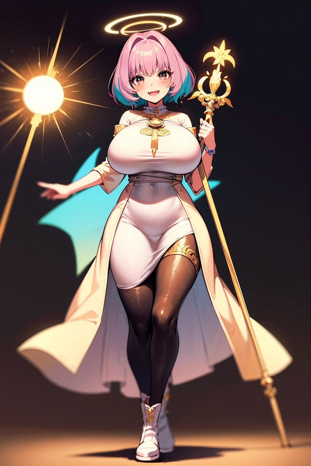 (best quality,masterpiece:1.2),intricate details,beautiful detailed eyes,beautiful detailed lips,extremely detailed eyes and face,longeyelashes,riamu, modeseven,super curvy,comic style,vibrant colors,standing,innocent, full body, standing, smile, princess dress, noble clothing, holy angel magicalgirl, open mouth fang, holy haura, halo, smile, joyfull, paladin, staff holding, full body , boots, standing,cute,breast, curvy, female,fantasy goddess,there is a cartoon picture of a woman with a very large breast, glowing angelic being, glowing holy aura, inspired by Luma Rouge, the non-binary deity of spring, ethereal rainbow nimbus, the butterfly goddess of fire, inspired by Marie Angel, glowing aura around her, astral fairy, as the goddess of the sun, “uwu the prismatic person, big breast, happy, beautiful eyes, , full body, walking, long robe, long dress, ,priestess ,holy, smile, pants, body suit, coat, pantyhose