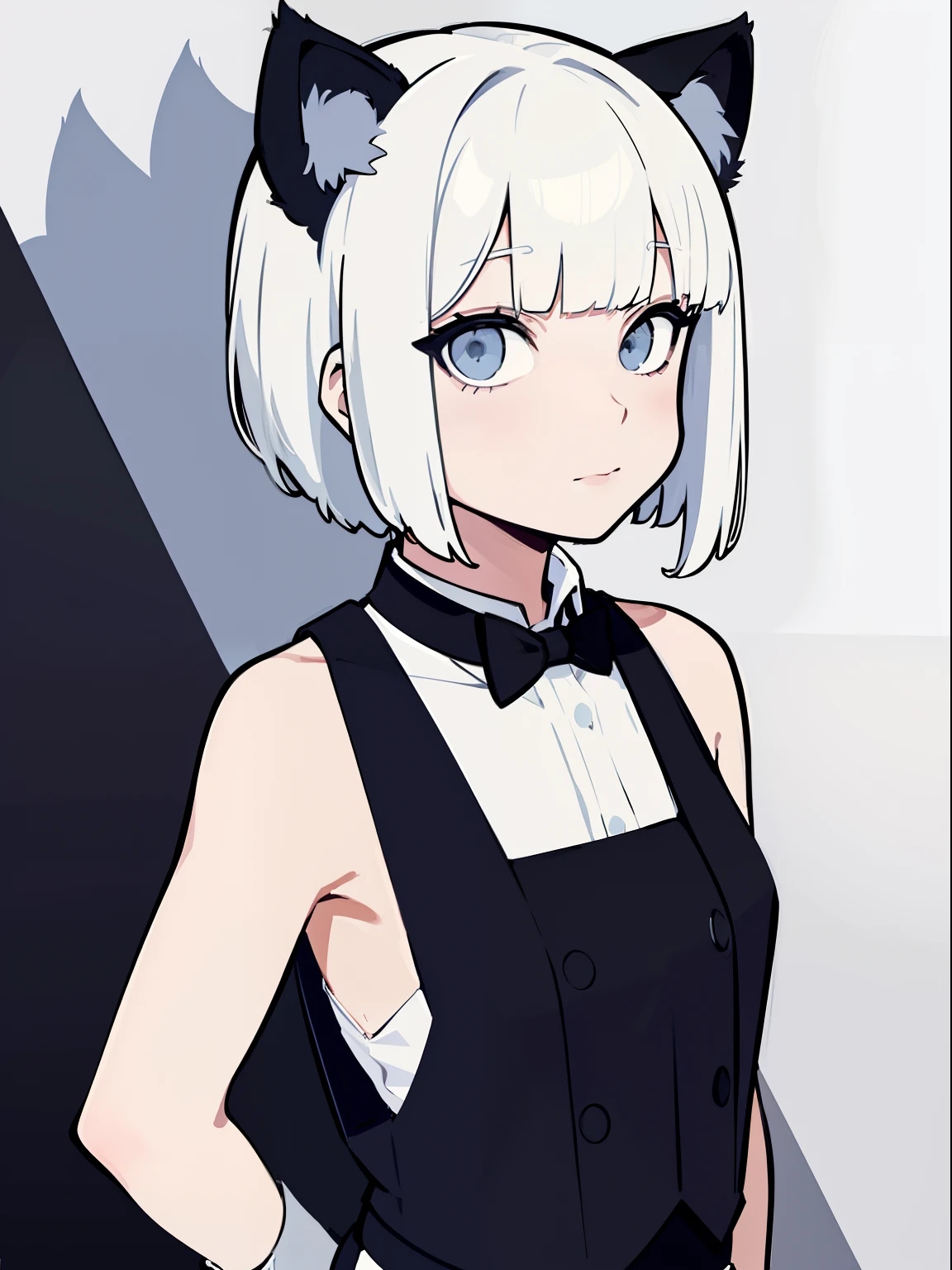 (Big sister),side portrait,Mature women,((Small Chest)),(High cold),listless, Not interested, monochrome, Blank stare,Cool beauty, looks away, half lidded eyes, Indifferent expression, Chic tomboy, black and white portrait, Bored, apathy, loner,(Alone),wispy bangs,The texture is straight,head portrait,(White hair),(Short hair),Hey, Hey, Smile,((Halter vest)),(Splayed bangs),(White gloves),(Hands in front of chest),(Cat Ear)