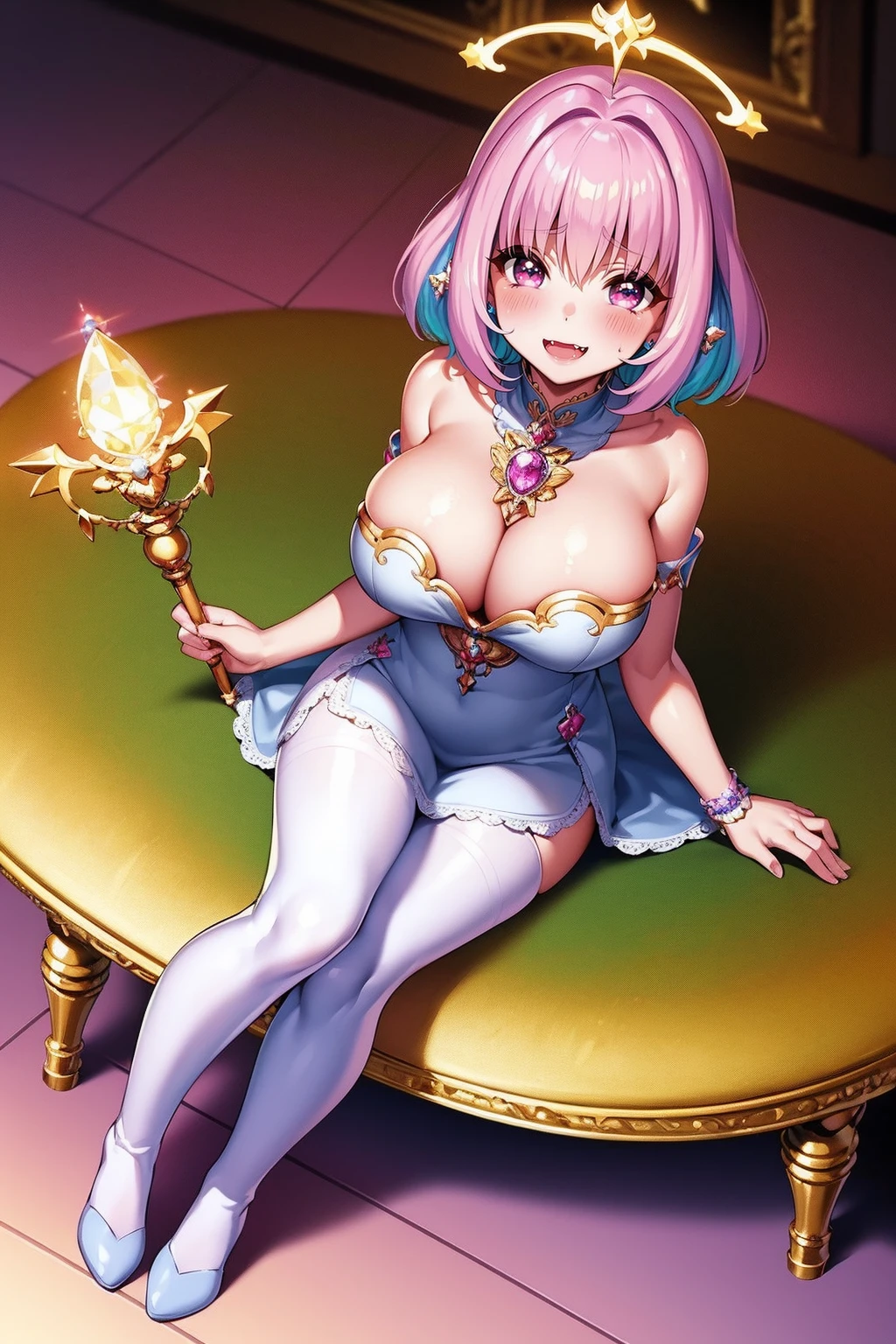 (best quality,masterpiece:1.2),intricate details,beautiful detailed eyes,beautiful detailed lips,extremely detailed eyes and face,longeyelashes,riamu, modeseven,super curvy,comic style,vibrant colors,standing,innocent, full body, standing, smile, princess dress, noble clothing, holy angel magicalgirl, open mouth fang, holy haura, halo, smile, joyfull, paladin, staff holding, full body , boots, standing,cute,breast, curvy, female,fantasy goddess,there is a cartoon picture of a woman with a very large breast, glowing angelic being, glowing holy aura, inspired by Luma Rouge, the non-binary deity of spring, ethereal rainbow nimbus, the butterfly goddess of fire, inspired by Marie Angel, glowing aura around her, astral fairy, as the goddess of the sun, “uwu the prismatic person, big breast, happy, beautiful eyes, , full body, walking, long robe, long dress, ,priestess ,holy, smile, pants, body suit, coat, pantyhose