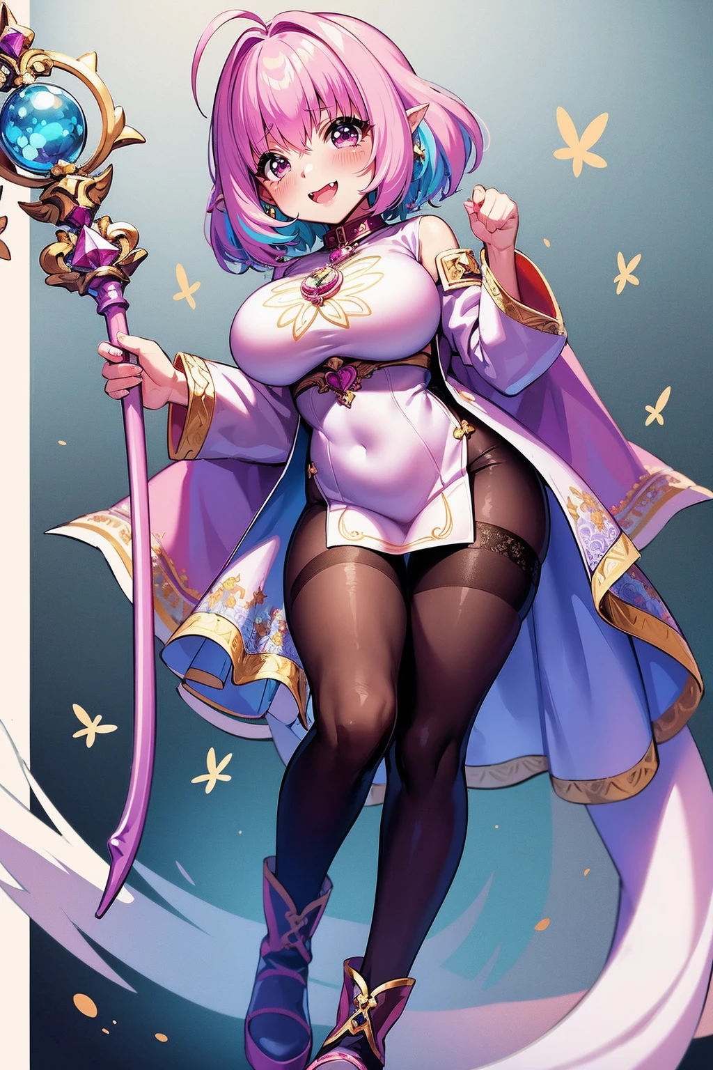 (best quality,masterpiece:1.2),intricate details,beautiful detailed eyes,beautiful detailed lips,extremely detailed eyes and face,longeyelashes,riamu, modeseven,super curvy,comic style,vibrant colors,standing,innocent, full body, standing, smile, princess dress, noble clothing, holy angel magicalgirl, open mouth fang, holy haura, halo, smile, joyfull, paladin, staff holding, full body , boots, standing,cute,breast, curvy, female,fantasy goddess,there is a cartoon picture of a woman with a very large breast, glowing angelic being, glowing holy aura, inspired by Luma Rouge, the non-binary deity of spring, ethereal rainbow nimbus, the butterfly goddess of fire, inspired by Marie Angel, glowing aura around her, astral fairy, as the goddess of the sun, “uwu the prismatic person, big breast, happy, beautiful eyes, , full body, walking, long robe, long dress, ,priestess ,holy, smile, pants, body suit, coat, pantyhose