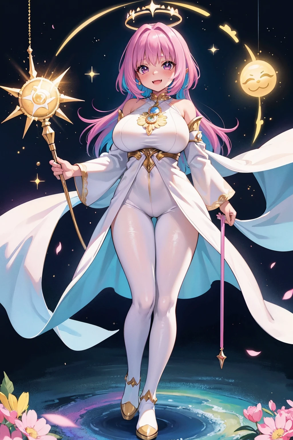 (best quality,masterpiece:1.2),intricate details,beautiful detailed eyes,beautiful detailed lips,extremely detailed eyes and face,longeyelashes,riamu, modeseven,super curvy,comic style,vibrant colors,standing,innocent, full body, standing, smile, princess dress, noble clothing, holy angel magicalgirl, open mouth fang, holy haura, halo, smile, joyfull, paladin, staff holding, full body , boots, standing,cute,breast, curvy, female,fantasy goddess,there is a cartoon picture of a woman with a very large breast, glowing angelic being, glowing holy aura, inspired by Luma Rouge, the non-binary deity of spring, ethereal rainbow nimbus, the butterfly goddess of fire, inspired by Marie Angel, glowing aura around her, astral fairy, as the goddess of the sun, “uwu the prismatic person, big breast, happy, beautiful eyes, , full body, walking, long robe, long dress, ,priestess ,holy, smile, pants, body suit, coat, pantyhose