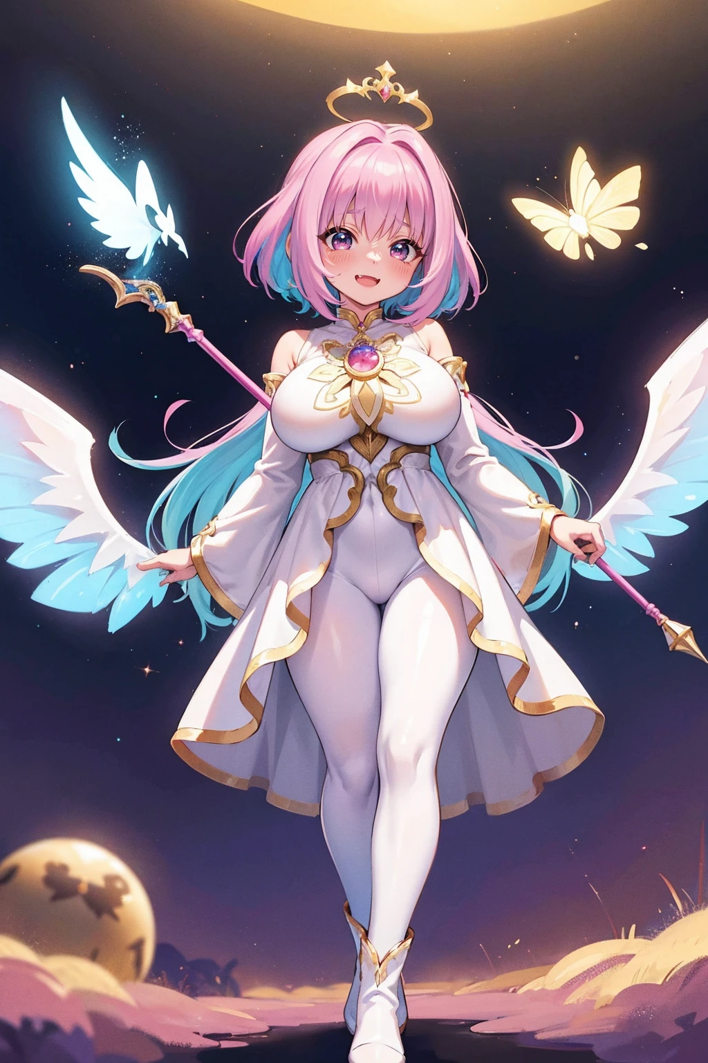 (best quality,masterpiece:1.2),intricate details,beautiful detailed eyes,beautiful detailed lips,extremely detailed eyes and face,longeyelashes,riamu, modeseven,super curvy,comic style,vibrant colors,standing,innocent, full body, standing, smile, princess dress, noble clothing, holy angel magicalgirl, open mouth fang, holy haura, halo, smile, joyfull, paladin, staff holding, full body , boots, standing,cute,breast, curvy, female,fantasy goddess,there is a cartoon picture of a woman with a very large breast, glowing angelic being, glowing holy aura, inspired by Luma Rouge, the non-binary deity of spring, ethereal rainbow nimbus, the butterfly goddess of fire, inspired by Marie Angel, glowing aura around her, astral fairy, as the goddess of the sun, “uwu the prismatic person, big breast, happy, beautiful eyes, , full body, walking, long robe, long dress, ,priestess ,holy, smile, pants, body suit, coat, pantyhose