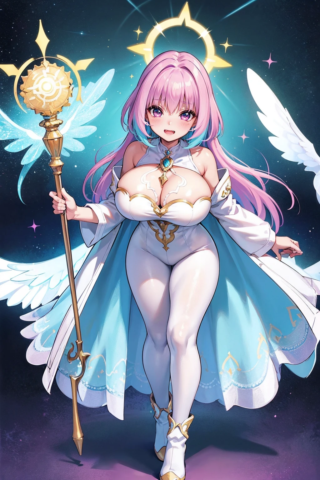 (best quality,masterpiece:1.2),intricate details,beautiful detailed eyes,beautiful detailed lips,extremely detailed eyes and face,longeyelashes,riamu, modeseven,super curvy,comic style,vibrant colors,standing,innocent, full body, standing, smile, princess dress, noble clothing, holy angel magicalgirl, open mouth fang, holy haura, halo, smile, joyfull, paladin, staff holding, full body , boots, standing,cute,breast, curvy, female,fantasy goddess,there is a cartoon picture of a woman with a very large breast, glowing angelic being, glowing holy aura, inspired by Luma Rouge, the non-binary deity of spring, ethereal rainbow nimbus, the butterfly goddess of fire, inspired by Marie Angel, glowing aura around her, astral fairy, as the goddess of the sun, “uwu the prismatic person, big breast, happy, beautiful eyes, , full body, walking, long robe, long dress, ,priestess ,holy, smile, pants, body suit, coat, pantyhose