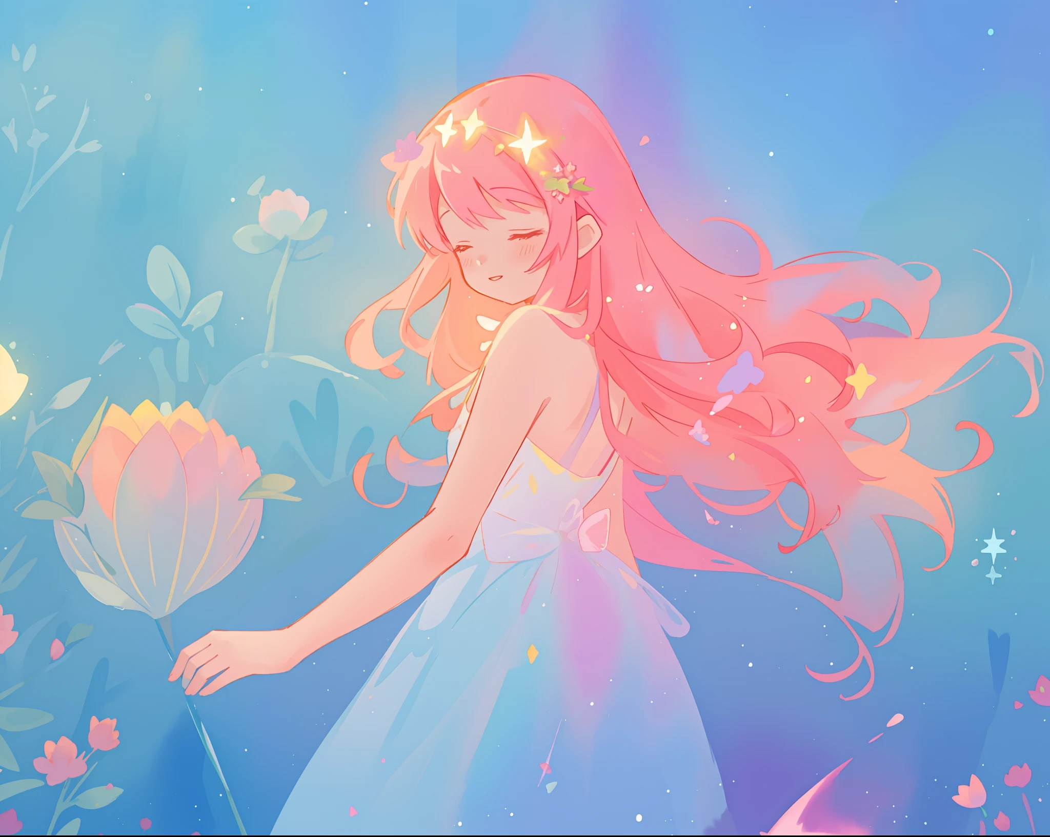 beautiful girl in sparkling flowing dress, long flowing pink hair, colorful fantasia background, watercolor illustration, disney art style, glowing aura around her, glowing lights, beautiful digital illustration, fantasia otherworldly landscape plants flowers, beautiful, masterpiece, best quality, anime disney style