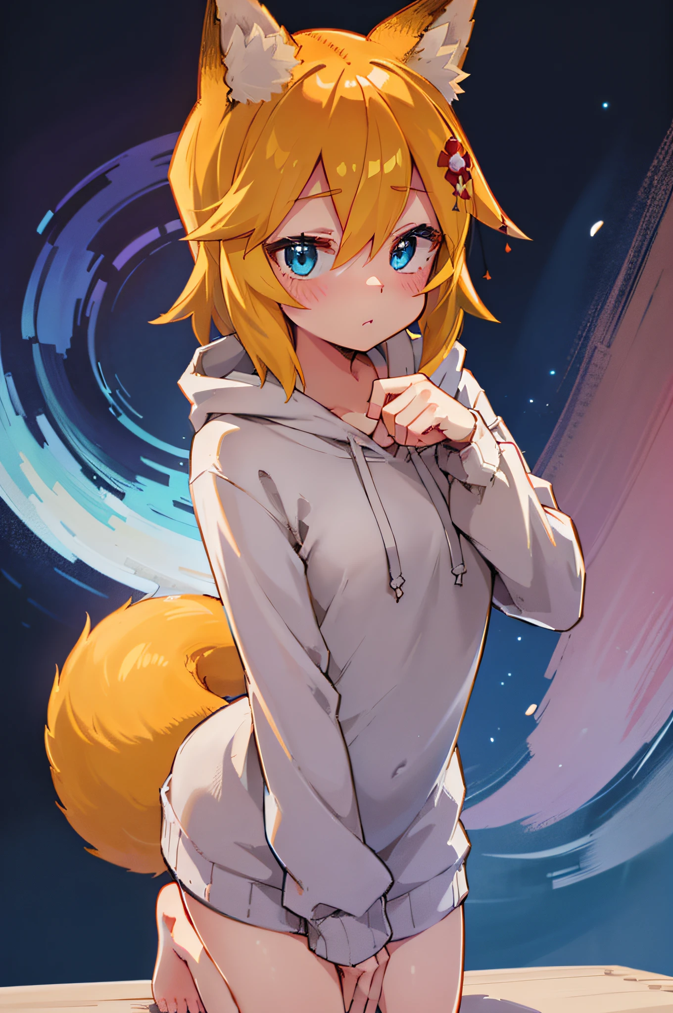 Volumetric Lighting, Best Shadows, Portrait Of Stunningly Beautiful Girl, Delicate Beautiful Attractive Face With Alluring Blue Eyes, Medium chest, Medium breasts, Short brown hair, Slim Waist, Standing, (Highest Quality, Amazing Details:1.25), (Solo:1.3), Brilliant Colorful Paintings, anime character with a fox tail, a beautiful fox lady, a beautiful kitsune woman, full body, cowprint hoodie, hoodie, white hoodie, absurdres, extreme detail, blushing, detailed eyes, (shaded), (detailed lighting), (cinematic lighting), (masterpiece, hi res, RAW photo, high resolution, high details, best quality), high definition, (high sharpness:1.3), beach, night time