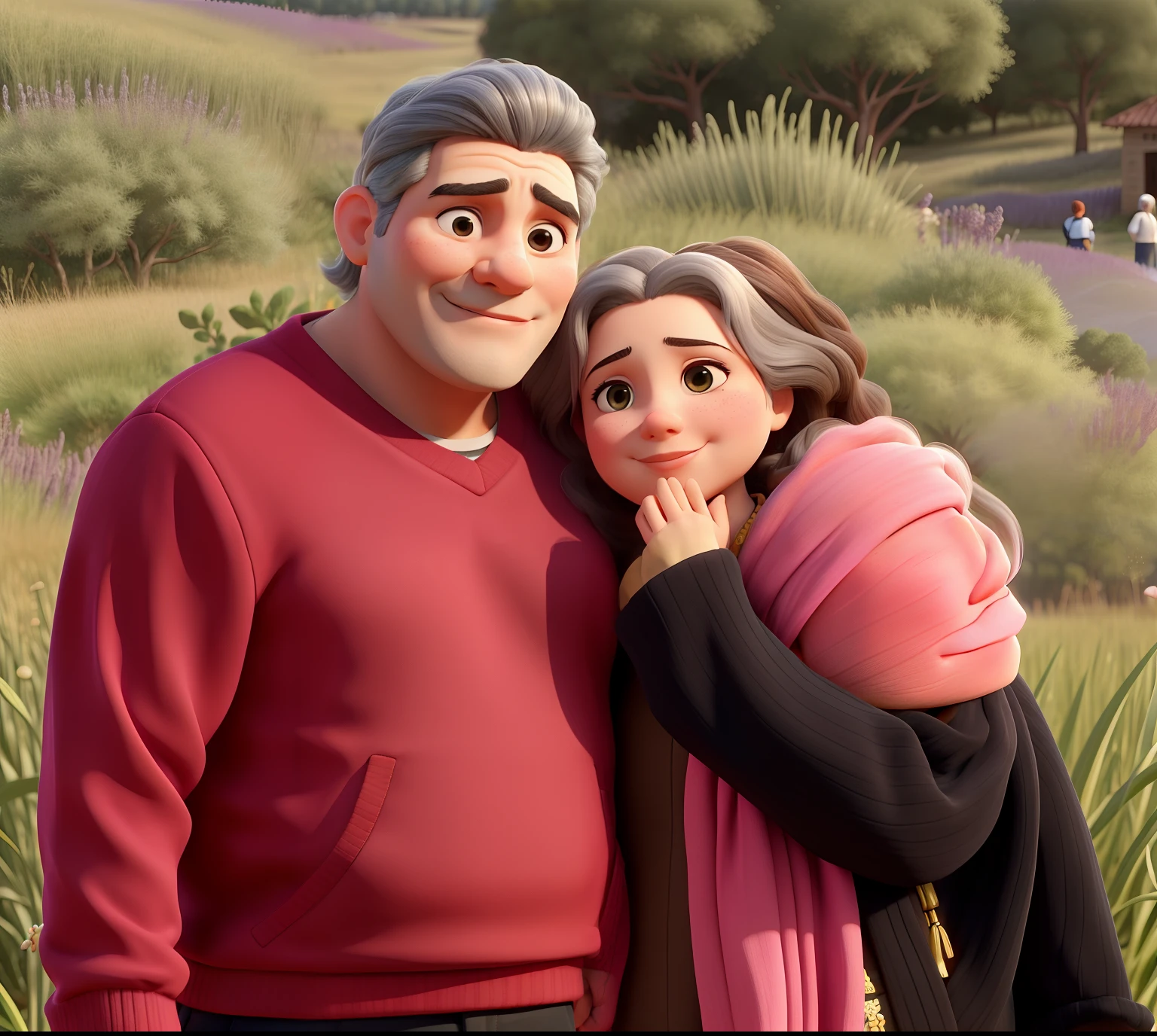 They are standing in a field of lavender bushes, momma and papa, foto de perfil, rico e gaudily, Fotografia tirada em 2 0 2 0, two aboriginal elders, Casal feliz, Family photo, Barabas Miklos e Hollosy Simon, com montanhas no fundo, vacation photo, Ayanamikodon e Irakli Nadar, imagem de perfil