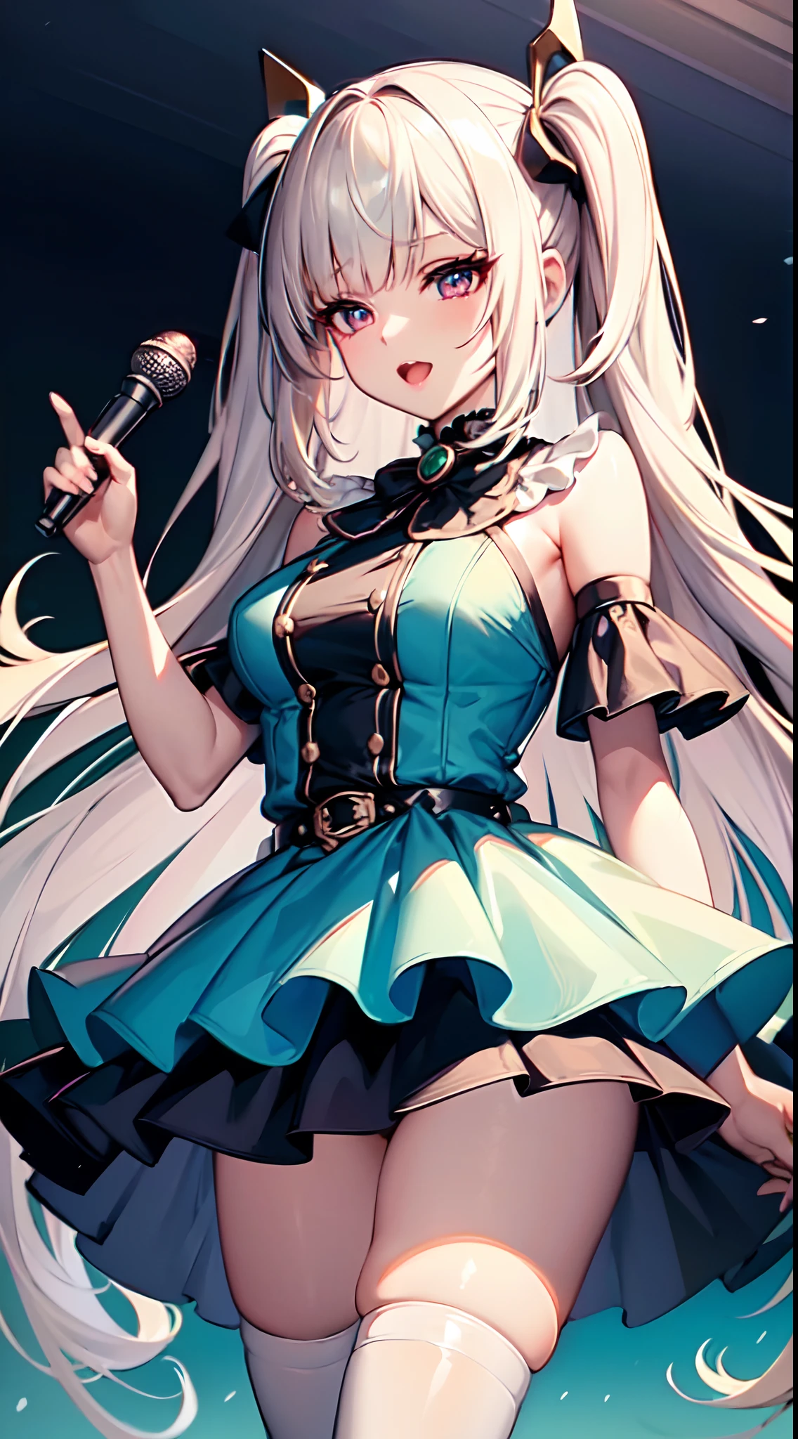((Best Quality)), (ultra-detailliert), ((Extremely detailed)), (Beautiful), ((Kawaii Girl)), ((UHD)), (masterpiece), (high quality), (best quality), (4K), (high quality), 1, solo girl, 1girl, (platinum blond hair), parted bangs, (hair intakes), long hair, (hair two side up long), ((jade colored eyes)), slanted eyes, medium breasts, slender body, halterneck frilled mini dress, blue dress, belt, whitethighhighs, holding microphone, on live stage, anime, ;D