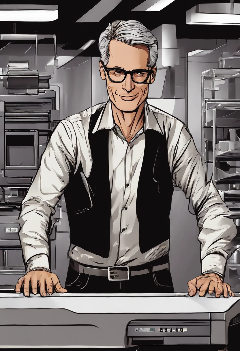man, 50 years old, middle aged, short gray hair, ((((long thin face, thin chin, smooth face, dark brown eyes)))), (((very thin and inconspicuous, silver glasses))) , wearing a formal shirt, gummy smile, slender body, standing behind a counter with computers. illuminated by the light of a lamp, against the backdrop of a (((((graphic printing industry with several employees and many printers, "PRINTING MACHINES"))))), plotters, printed pages in a large white hall.