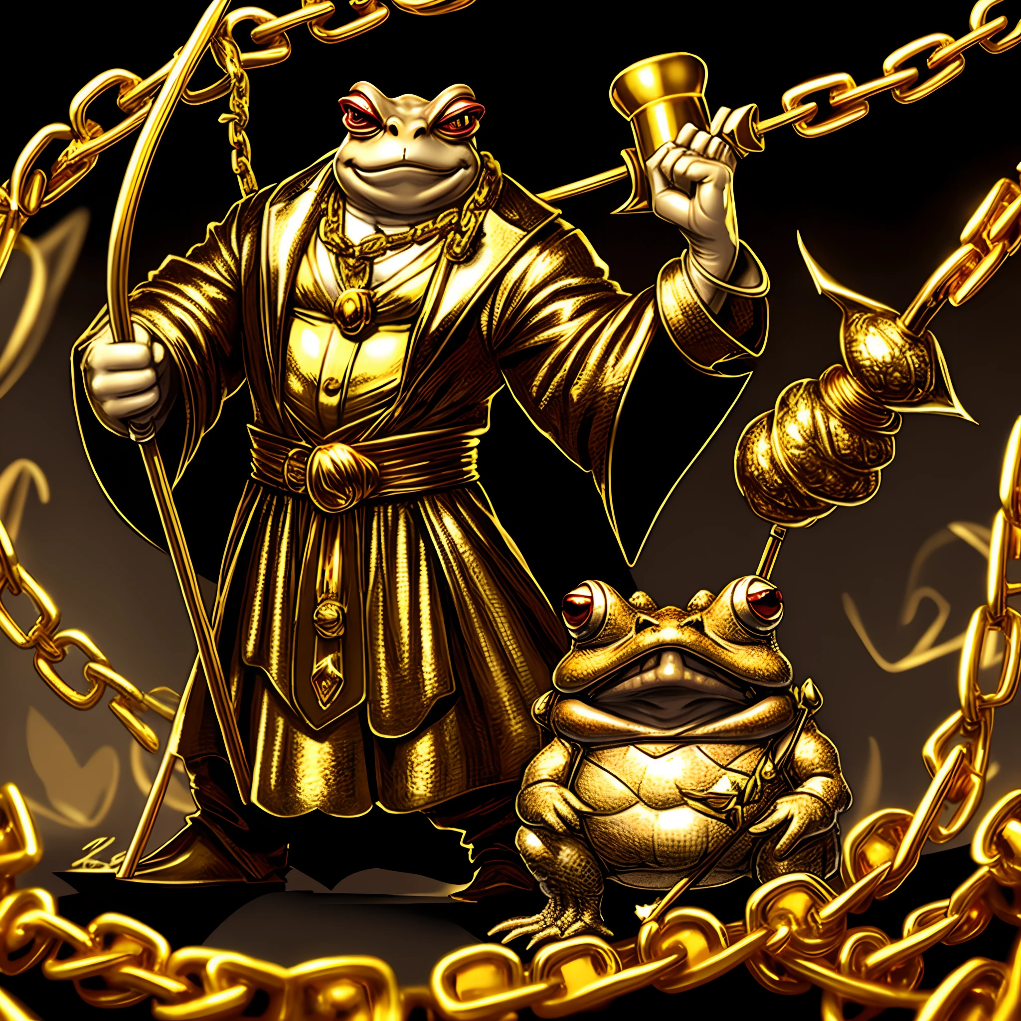 Evil Cane toad standing up with a pimp stick, gold tooth, gold chain, and a smirk on its face.