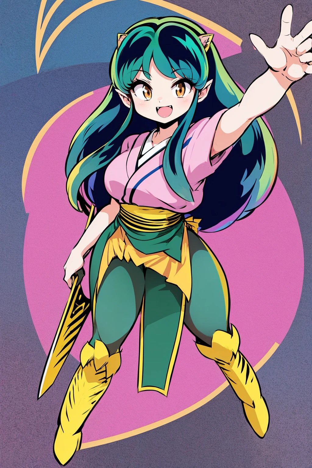 lum, , superhero costume, urusei yatsura, cloak, pants, pullover, kimono,martial pov,, pantyhose, sharpteeth, standing,smile, matial art, sword holding