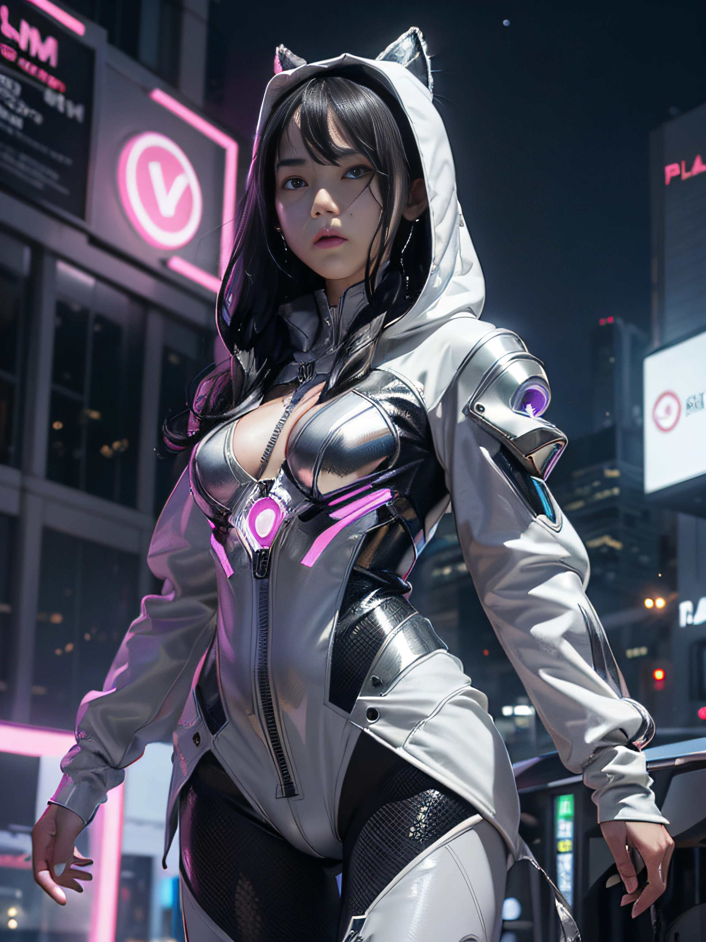 top-quality、masterpiece、超A high resolution、(Photorealsitic:1.4)、Detailed CG image quality、女の子1人、(sad Facial expression:1.4), 13years, Black hair、glowy skin、1 girl in、((super realistic details))、portlate、globalillumination、Shadow、octan render、8K、ultrasharp、(Colossal tits)、Wearing a futuristic and flashy hooded coat、The abdomen is exposed with raw skin、(Hard erection:1.4), (((Platinum Plated :1.4))), metals、( looking upwards:1.4), (Wet :1.2), (Smart Devices), Futuristic glowing accessories、highly intricate detail、Realistic light、CGSoation Trends、a purple eye、radiant eyes、Facing the camera、neon details、Running、head phone、Small LED lamp、Bokeh background, purple color lighting, There are a lot of robots behind you、