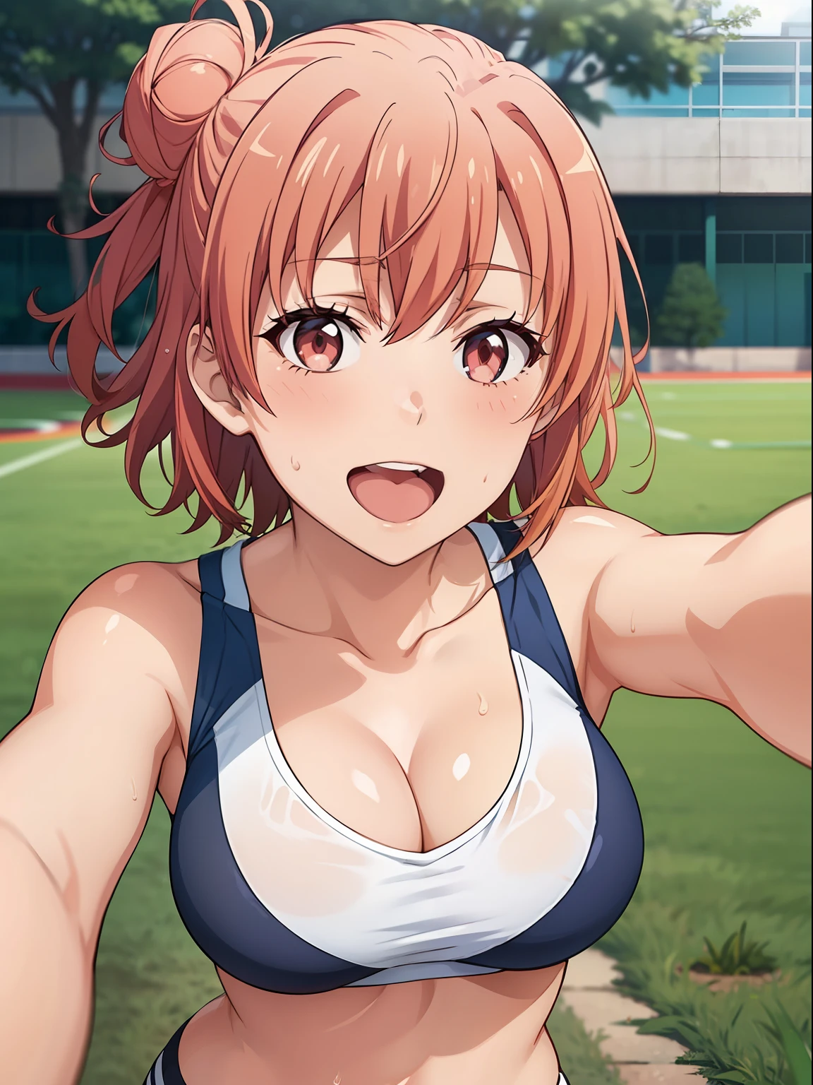 ((masutepiece, Best Quality, hight resolution, nffsw, Perfect Pixel, depth of fields, 4K, )), 1girl in, Solo, Lori, Beautiful anime girl, Beautiful Art Style,
close up, Looking at Viewer,
Perfect body,
Yuigahama Yui, Hair bun, Short hair, large boob,
Full face blush, Smile, Open mouth,
White Sports Bra, cleavage,
Sweat,
Leading Ahead, Upper Eyes,
selfee,
Bouldering gym,