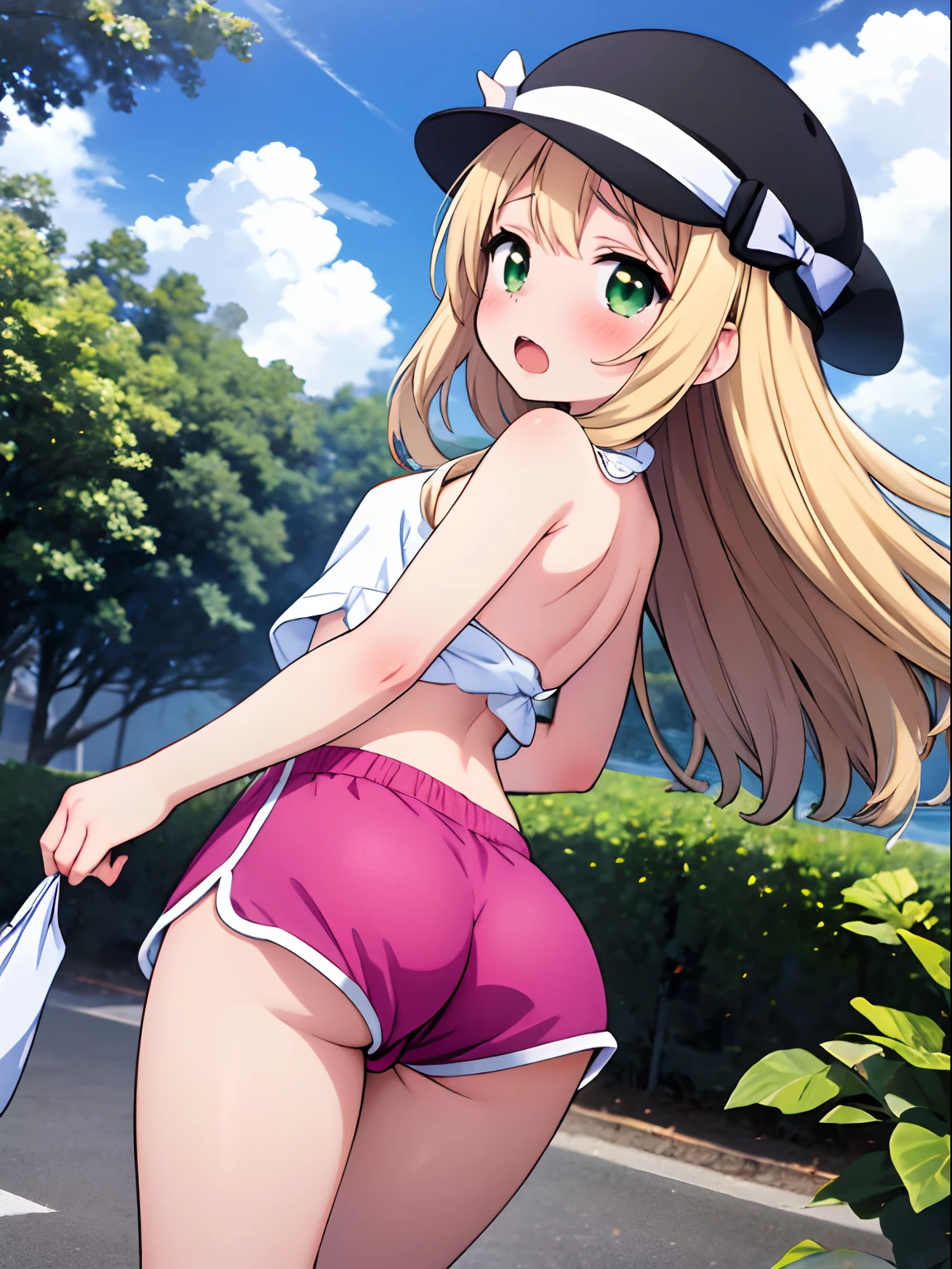 1girl, erotic, nsfw, 18+, small dolphin shorts, pink shorts, looking back, ass, pantyshot,, masterpiece, best quality, highly detailed, long blonde hair, green eyes, white hat