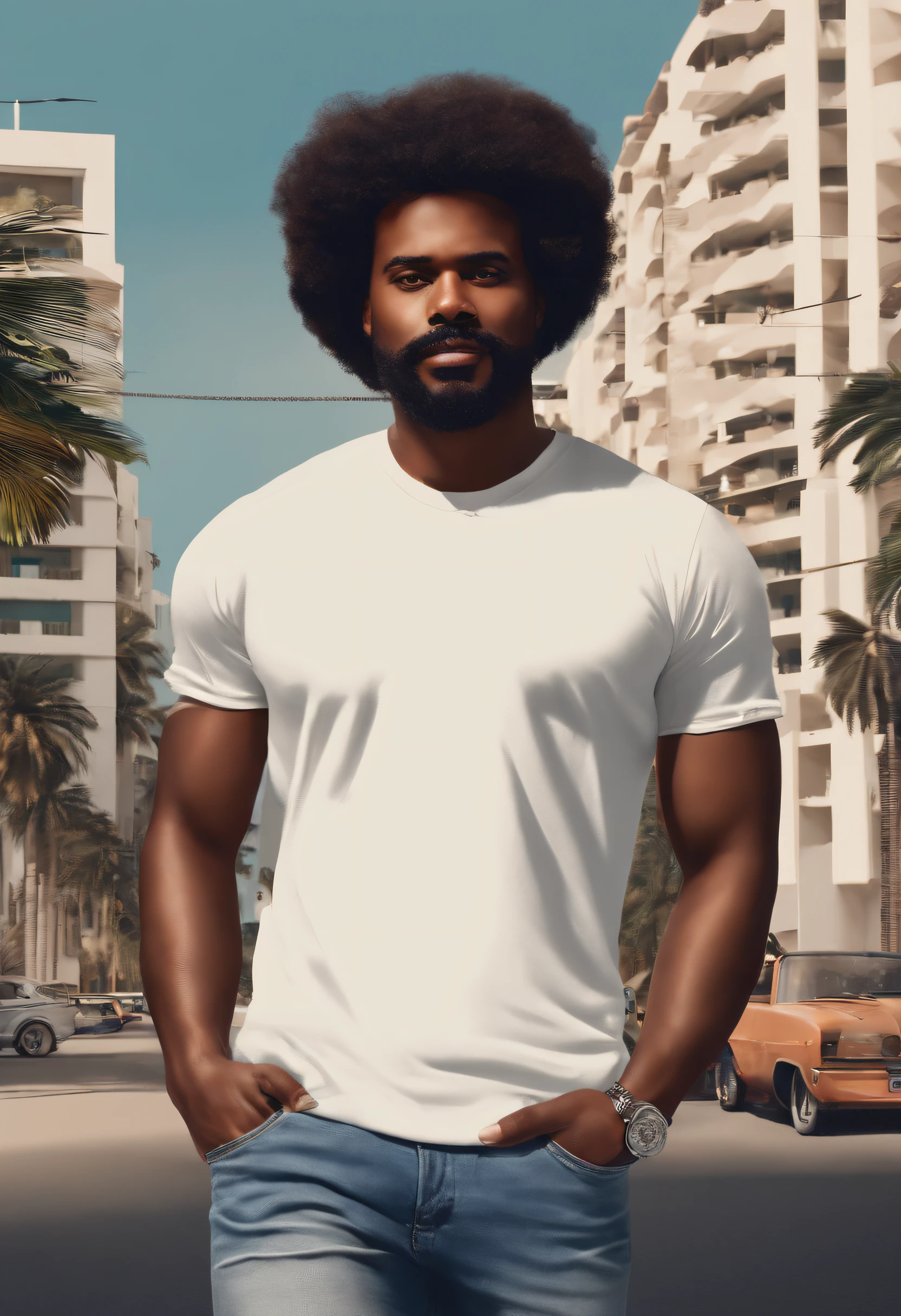 Um homem de altura Mediana, cabelo curto com um corte americano com o cabelo pintado grisalho, shorts jeans rasgado, t-shirt preta, Branded shoes color red, com bigode fino, With a lot of wad of cash in hand, nas periferias da cidade de Luanda.