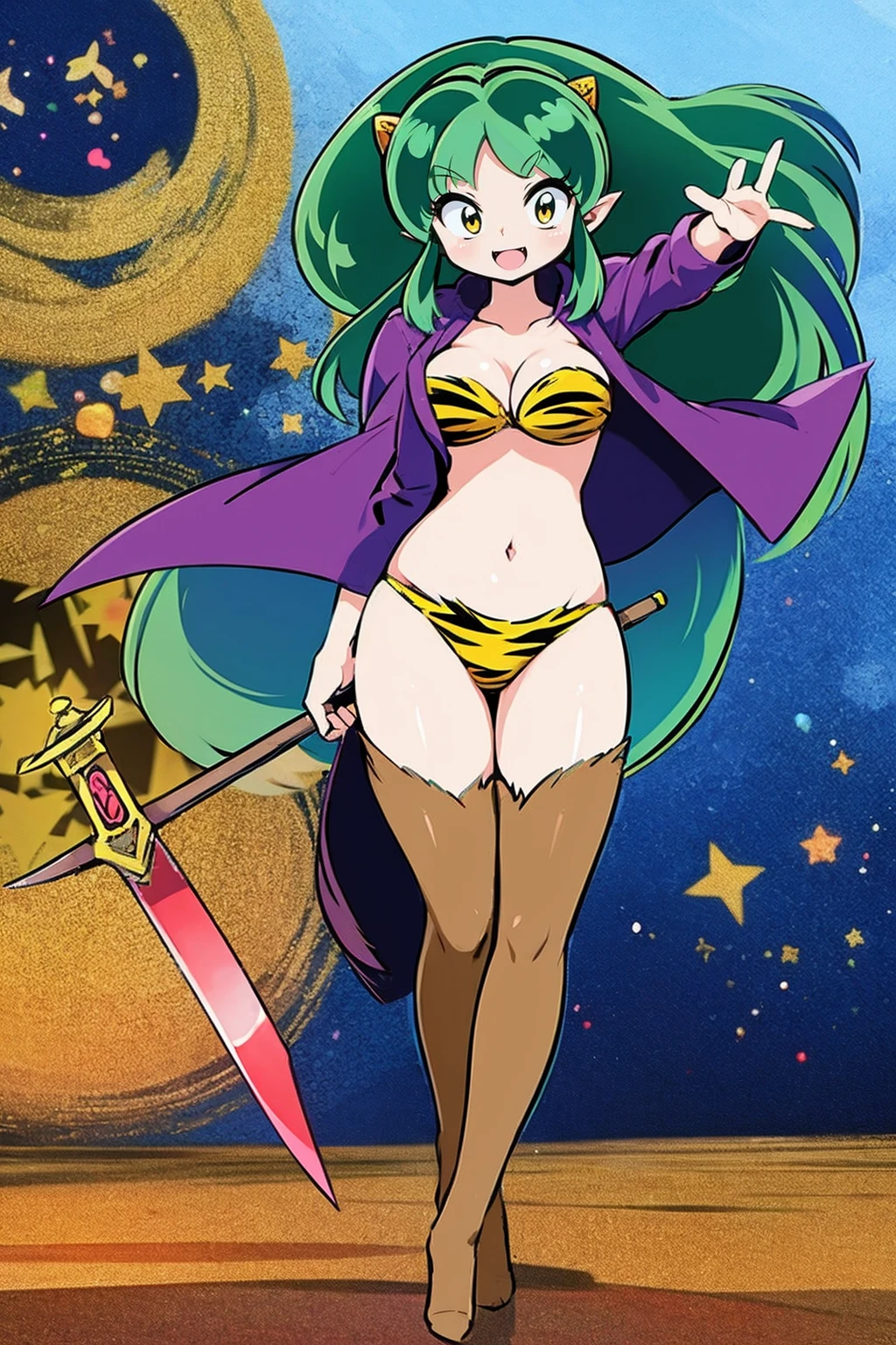 lum, , superhero costume, urusei yatsura, cloak, pants, pullover, kimono,martial pov,, pantyhose, sharpteeth, standing,smile, matial art, sword holding