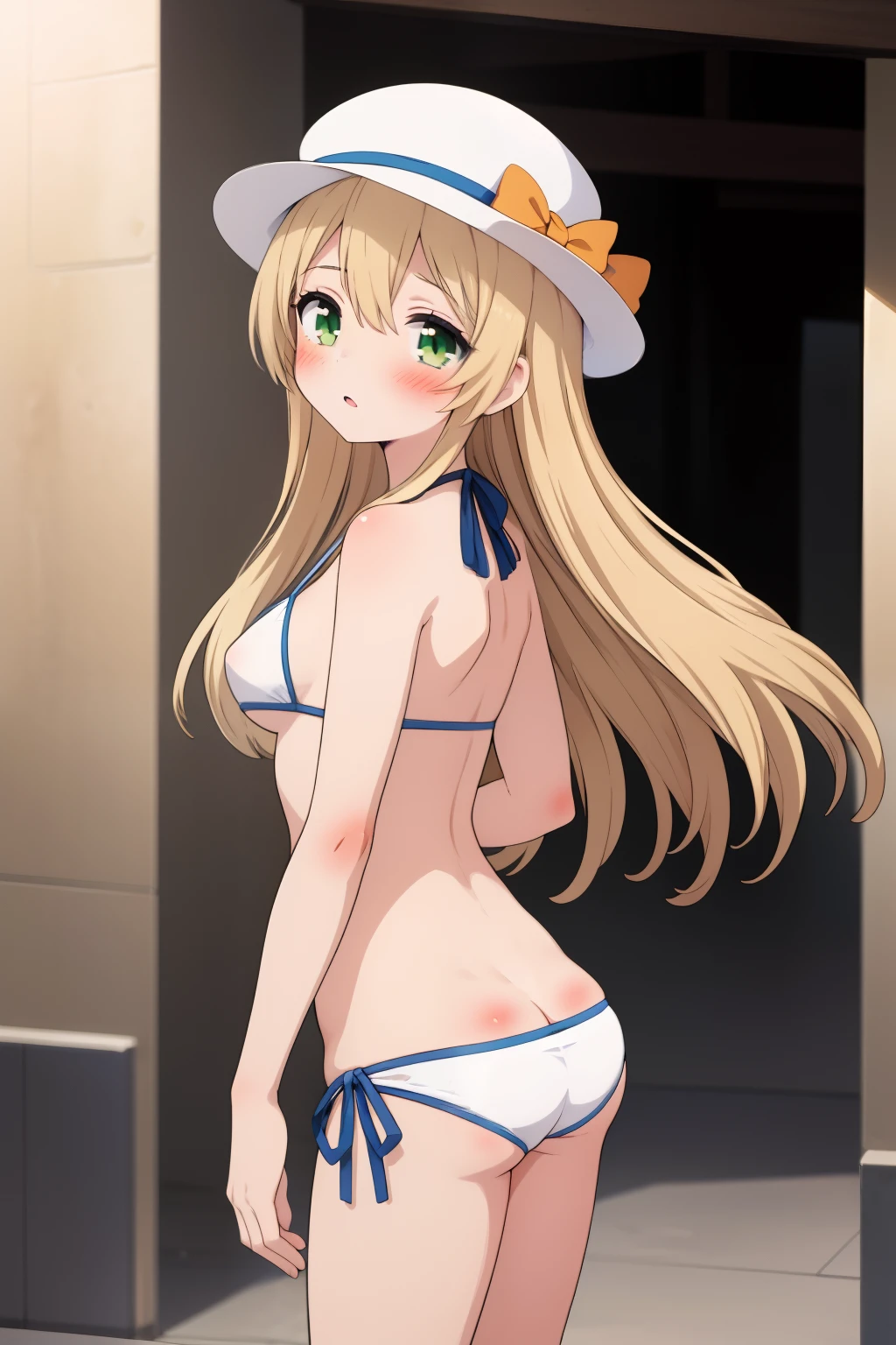 1girl, bikini, side-tie bikini bottom, ass,, masterpiece, best quality, highly detailed, long blonde hair, green eyes, white hat