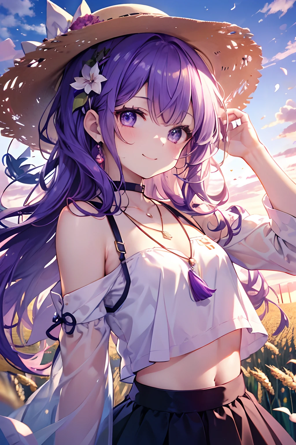(masutepiece, Best Quality:1.2), 1girl in, 独奏, Cute, kawaii, digitalart、Sparkling wheat field、crop top sleeve、Purple Eye、Sky at dusk、(Twin-tailed, Beautiful hair, Purple hair.Flowing in the wind)、a straw fedora hat、Red and white patterned mini skirt、Look at the sky, laught(Smile with your mouth slightly open)、glistning skin、Small-faced beauty, Heart-shaped necklace,perfect-composition、Perfect light and shadow delicacy、in 8K