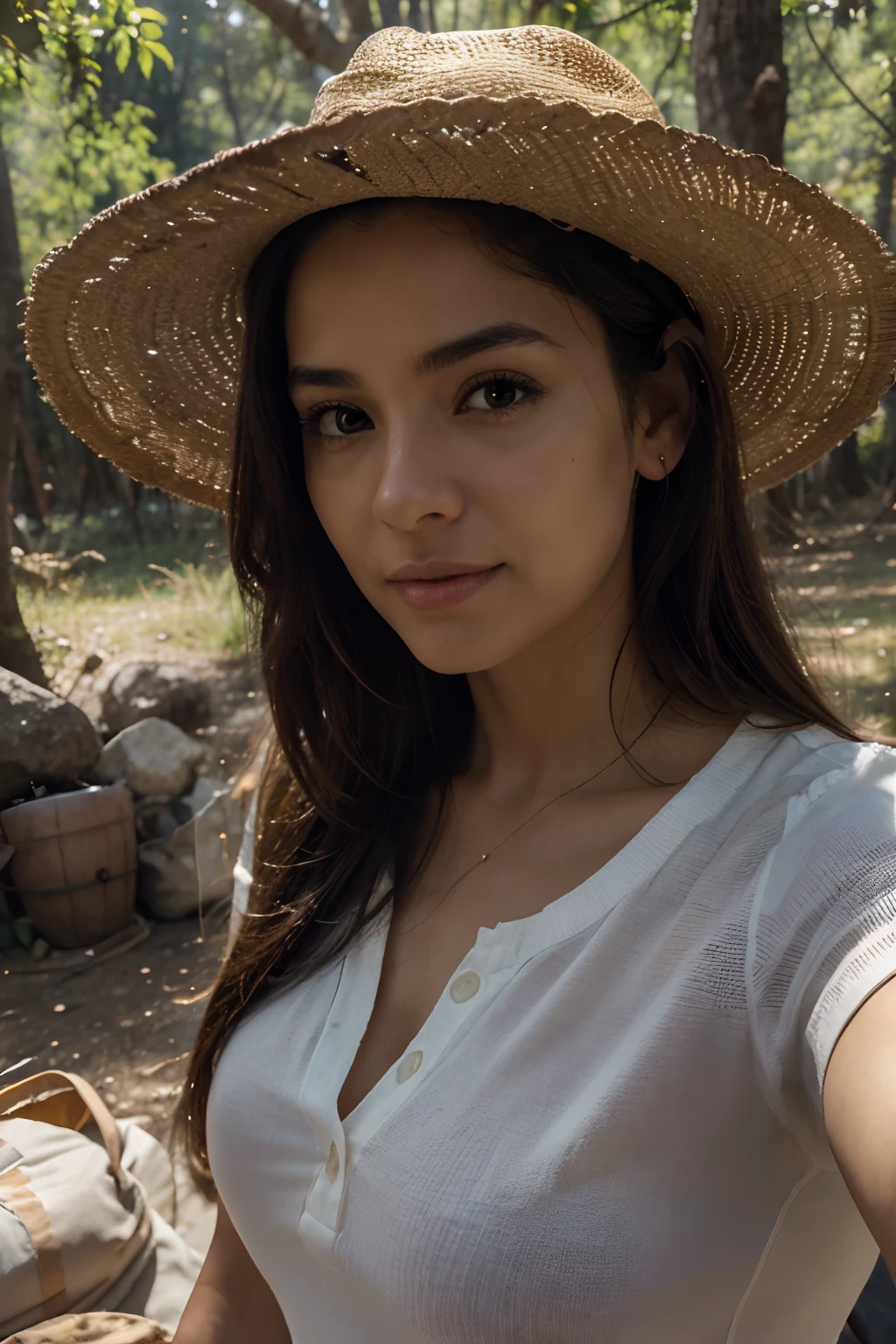 1 Latina woman aged 30, cabello largo color rubio, ojos color miel, manos perfectas, ((selfie de la parte superior del cuerpo, feliz)), obra maestra, mejor calidad, ultra detallada, sola, al aire libre, (noche), Mountains, naturaleza, (estrellas, luna) alegre, feliz, mochila, saco de dormir, estufa de camping, botella de agua, bota de campo, sombrero de campo, camisa roja a cuadros manga larga abierta, linterna, bosque, rocas, Kali, madera, humo, sombras, contraste, cielo claro, estilo, (warm hue, warm hue: 1.2), primer plano, cinematiclight, sidelit, ultra-high-resolution, mejor sombra, RAW, parte superior del cuerpo, look seductor, pechos enormes, 4k, escote abierto, sexy