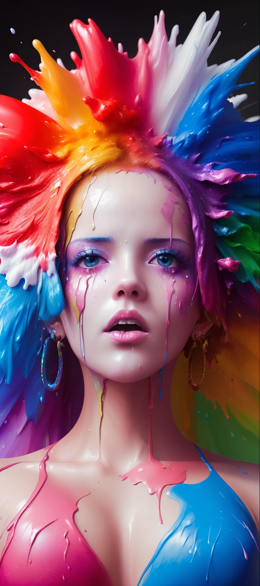 (level difference:1.8),(Paint colliding and splashing on the canvas),(depth of field),1girl's side face blends into it,(side face),open mouth,(liquid paint rainbow hair:1.1) made of paint and defies gravity,thick flowing,(paint splatter:1.3),Liquid state,stunningly beautiful, masterpiece, detailed background,ultra high quality model, ethereal background,abstract beauty, explosive volumetric, oil painting,heavy strokes,Romantic lighting,Sub-Surface Scatterring,lens 135mm,f1.8, glow, 8k, high resolution, dreamy, ray tracing, hdr, god rays, ((Boa Hancock one piece,)) red painting,