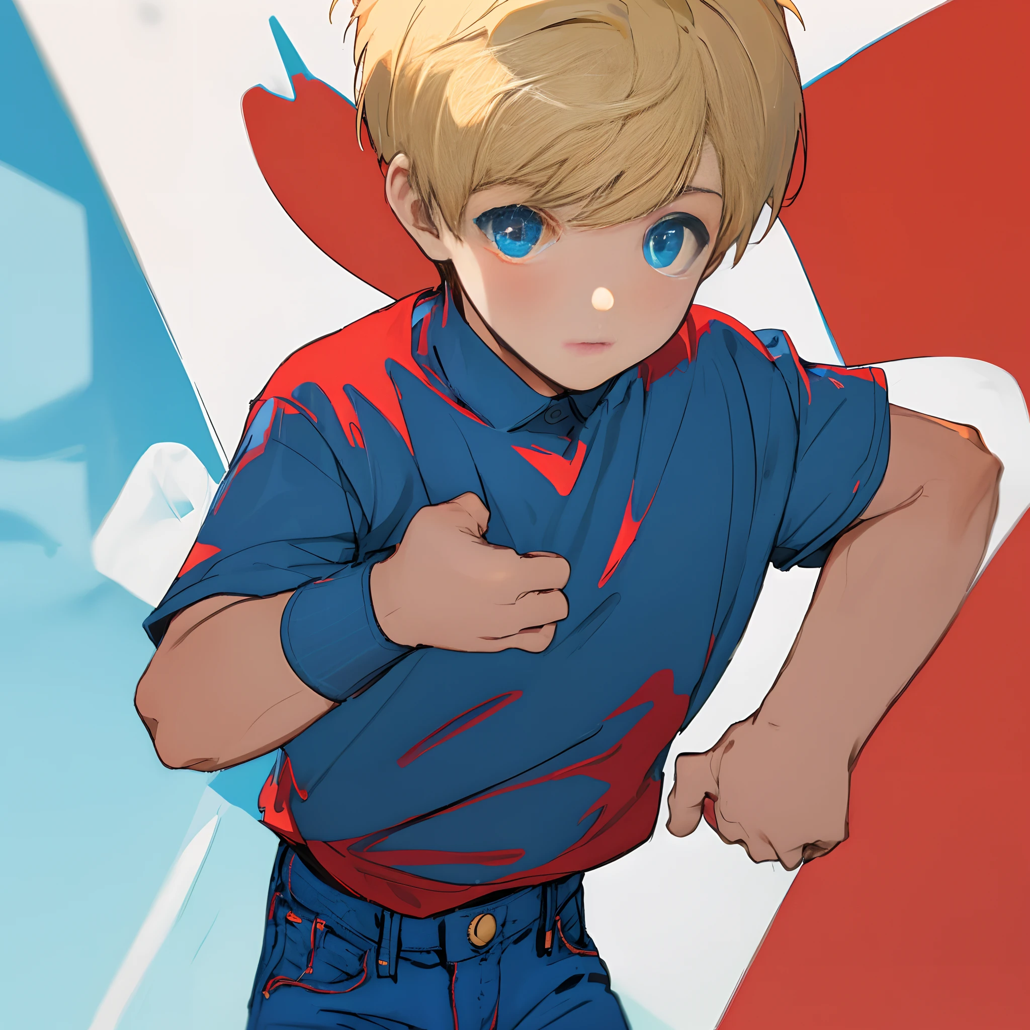 Boy with short blonde hair with red school shirt on with blue eyes blue jeans
