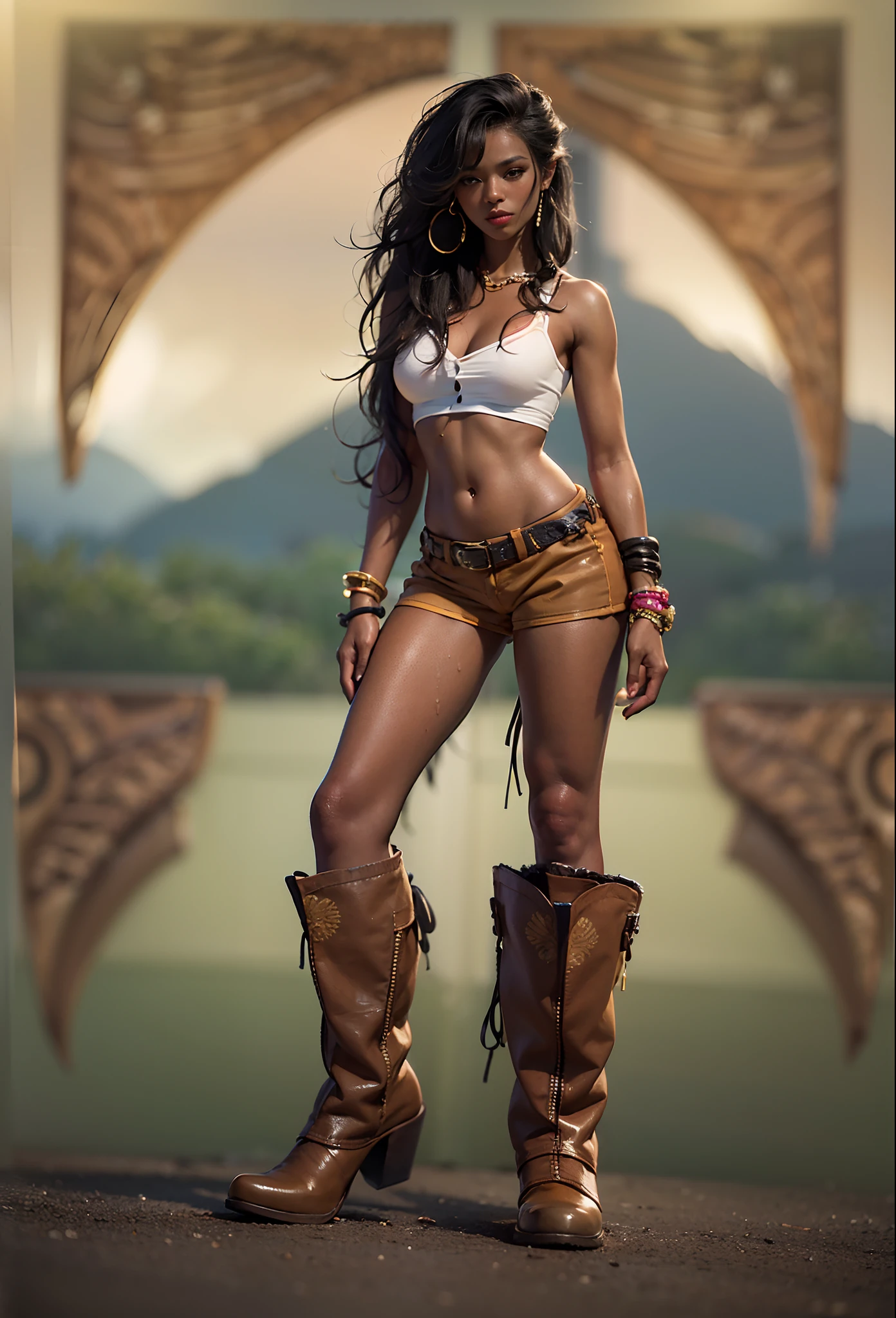 ((21-year-old))) black girl, (((light skin))), (((close-up full body pose))), (((long wavy black hair))), (((tan pantyhose with skimpy shorts))), (((wearing daisy-duke shorts, white shirt, unbuttoned half way, cowboy boots))), african tribal tattoo sleeve, dark fantasy art, Rich, Deep Colours, (intricate details:0.9), (HDR, hyper-detailing:1.2), (natural skin textures, hyper realisitc, wet skin, soft light, Sharp),
