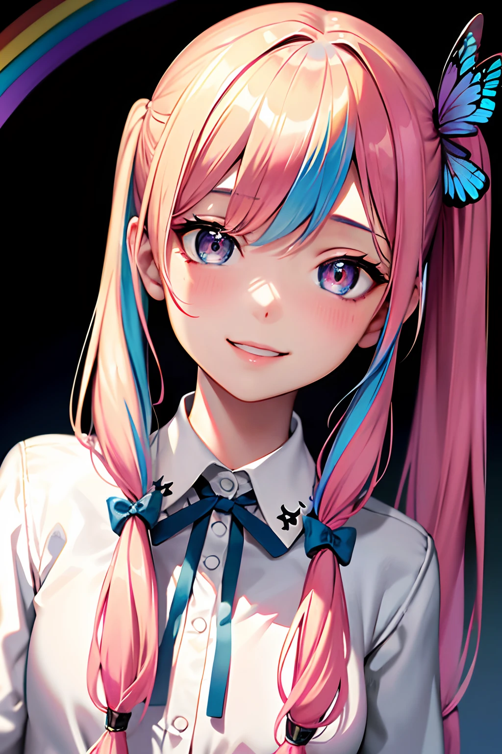 schoolgirls,ciber,White skinned、(masutepiece:1.3), (8K, Photorealistic, Raw photo, Best Quality: 1.4), Beautiful face, (Realistic face), Beautiful detailed eyes, (Realistic skin), Attractive, Intricate details,Golden ratio, 1 girl,Bright smile, (rainbow hair:1.4),((Long twintails,Ribbon 1.4)),(Blue butterfly hair ornament),school,Iridescent hair、 (gradation hair, Dutch Angle:1.3), film grains, chromatic abberation, 城市, masterpiece, top-quality, Raw foto, Photorealsitic, A smile、Smiling with wide open mouth, 1girl in, cute little, Near and far law, hight resolution, ultra-detailliert, Eyes and faces with detailed, Sharp pupils, Realistic pupils, foco nítido, Daytime,hi-school girl、Cute blue uniform