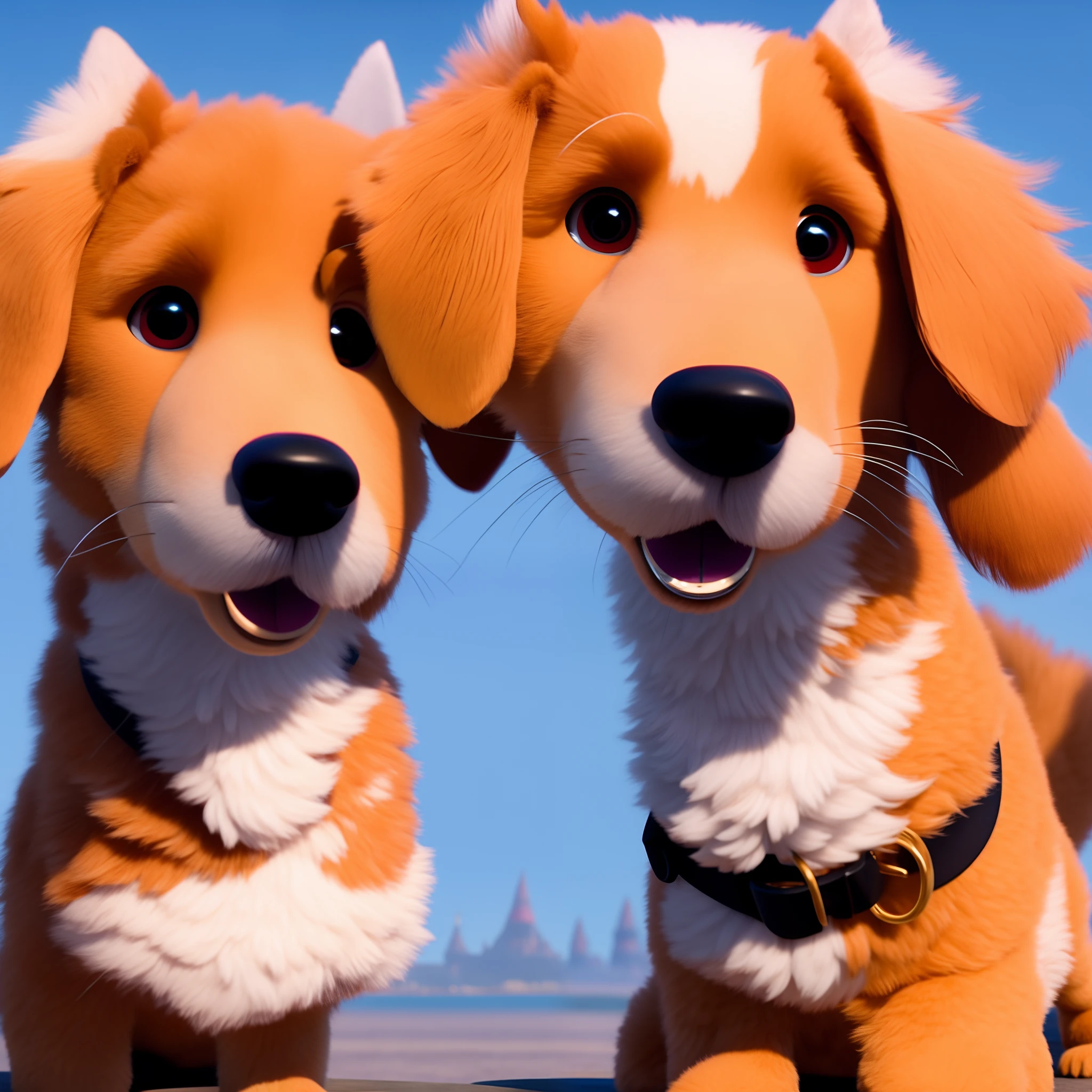 A Disney Pixar-inspired movie poster. The main focus is my mini golden doodle named rosie, she is a light cooper color, shorter fur and fluffy ears, she has a pink nose and brown eyes The scene should be in the distinct digital art style of Pixar, with a focus on character expressions, vibrant colors, and detailed textures that are characteristic of their animations"