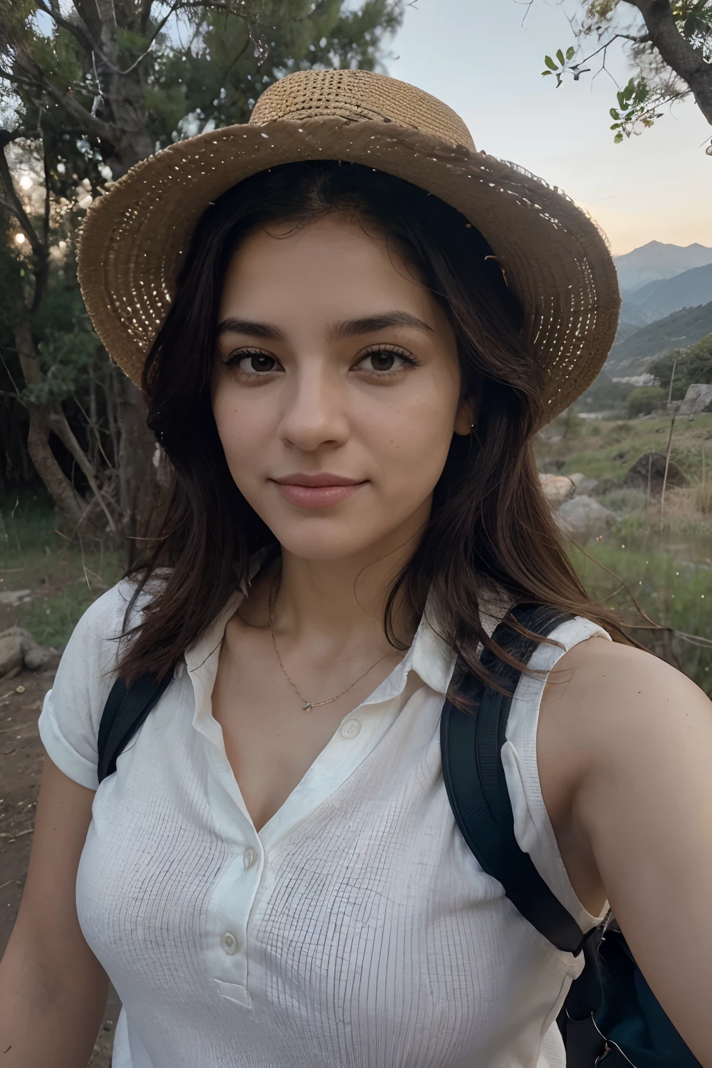 1 Latina woman aged 30, cabello largo color rubio, ojos color miel, manos perfectas, ((selfie de la parte superior del cuerpo, feliz)), obra maestra, mejor calidad, ultra detallada, sola, al aire libre, (noche), Mountains, naturaleza, (estrellas, luna) alegre, feliz, mochila, saco de dormir, estufa de camping, botella de agua, bota de campo, sombrero de campo, camisa roja a cuadros manga larga abierta, linterna, bosque, rocas, Kali, madera, humo, sombras, contraste, cielo claro, estilo, (warm hue, warm hue: 1.2), primer plano, cinematiclight, sidelit,  ultra-high-resolution, mejor sombra, RAW, parte superior del cuerpo, look seductor, pechos enormes, 4k, escote abierto, sexy