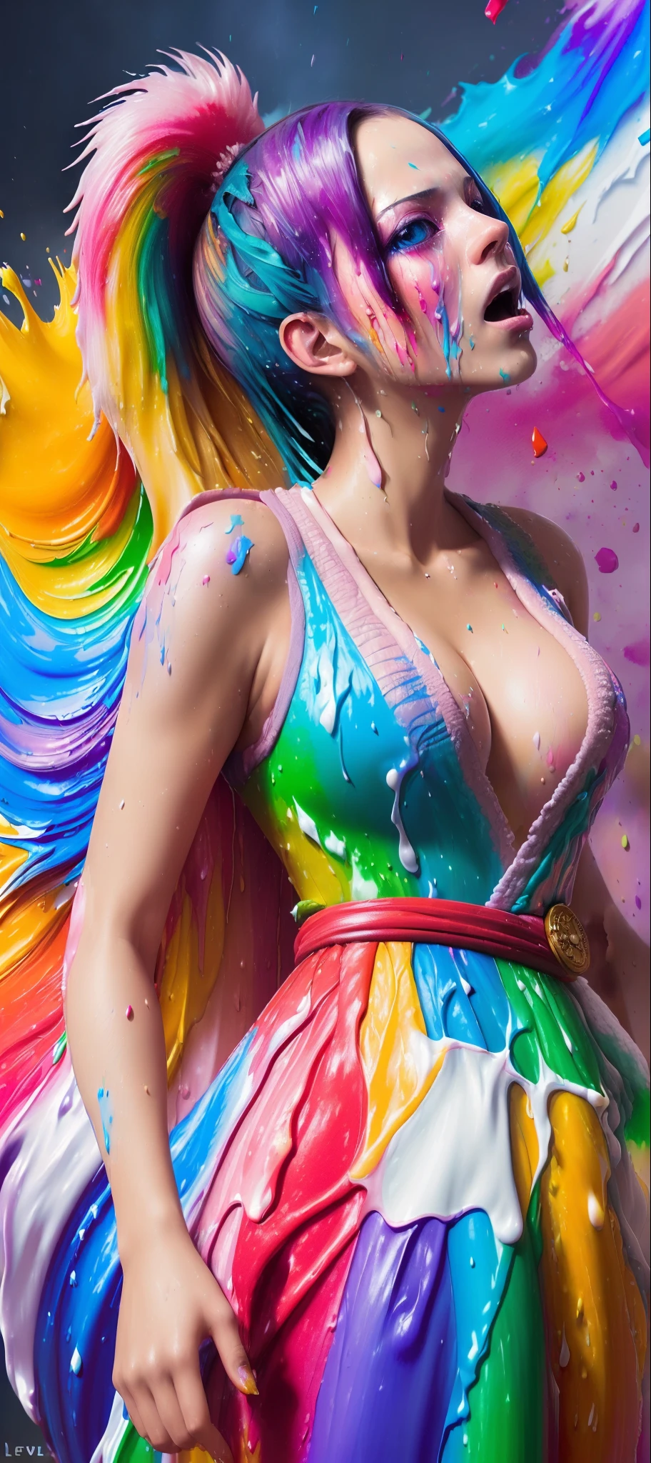 (level difference:1.8),(Paint colliding and splashing on the canvas),(depth of field),1girl's side face blends into it,(side face),open mouth,(liquid paint rainbow hair:1.1) made of paint and defies gravity,thick flowing,(paint splatter:1.3),Liquid state,stunningly beautiful, masterpiece, detailed background,ultra high quality model, ethereal background,abstract beauty, explosive volumetric, oil painting,heavy strokes,Romantic lighting,Sub-Surface Scatterring,lens 135mm,f1.8, glow, 8k, high resolution, dreamy, ray tracing, hdr, god rays, ((Boa Hancock one piece,)) red painting,