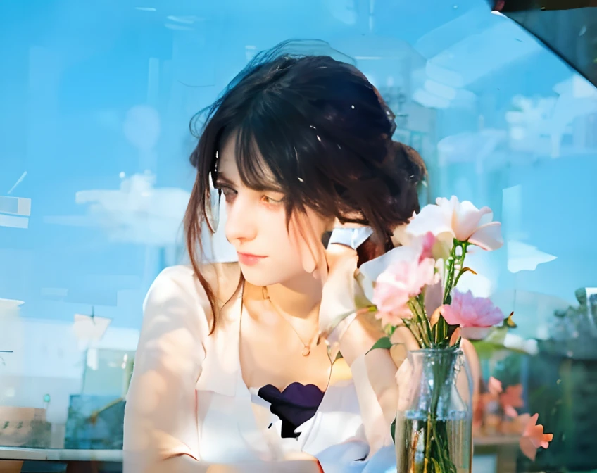 a girl sitting at a table with a vase of flowers