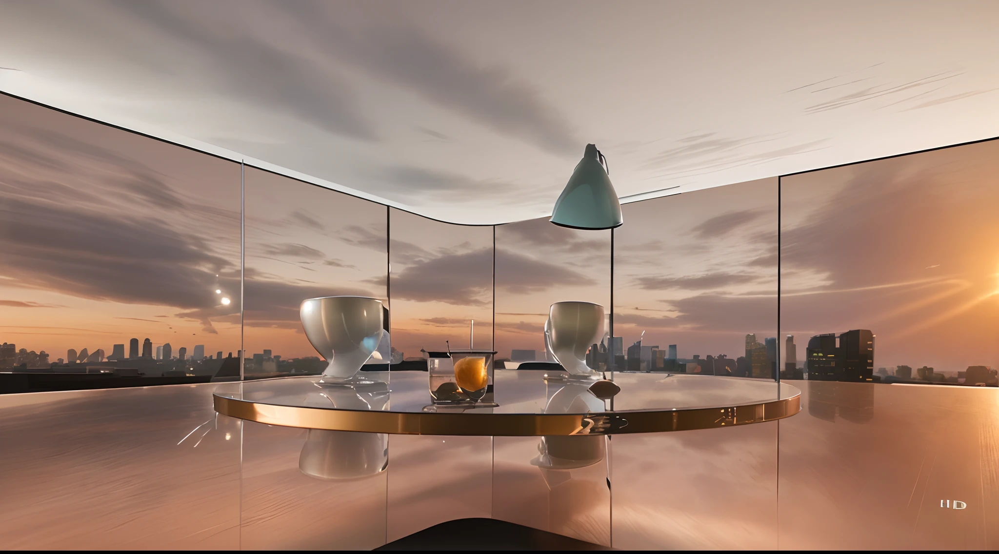 City and sunset views on glass tables，Lifelike rendering style，32k ULTRAHD，Futuristic Victorian style，hyper HD，Australian landscapes