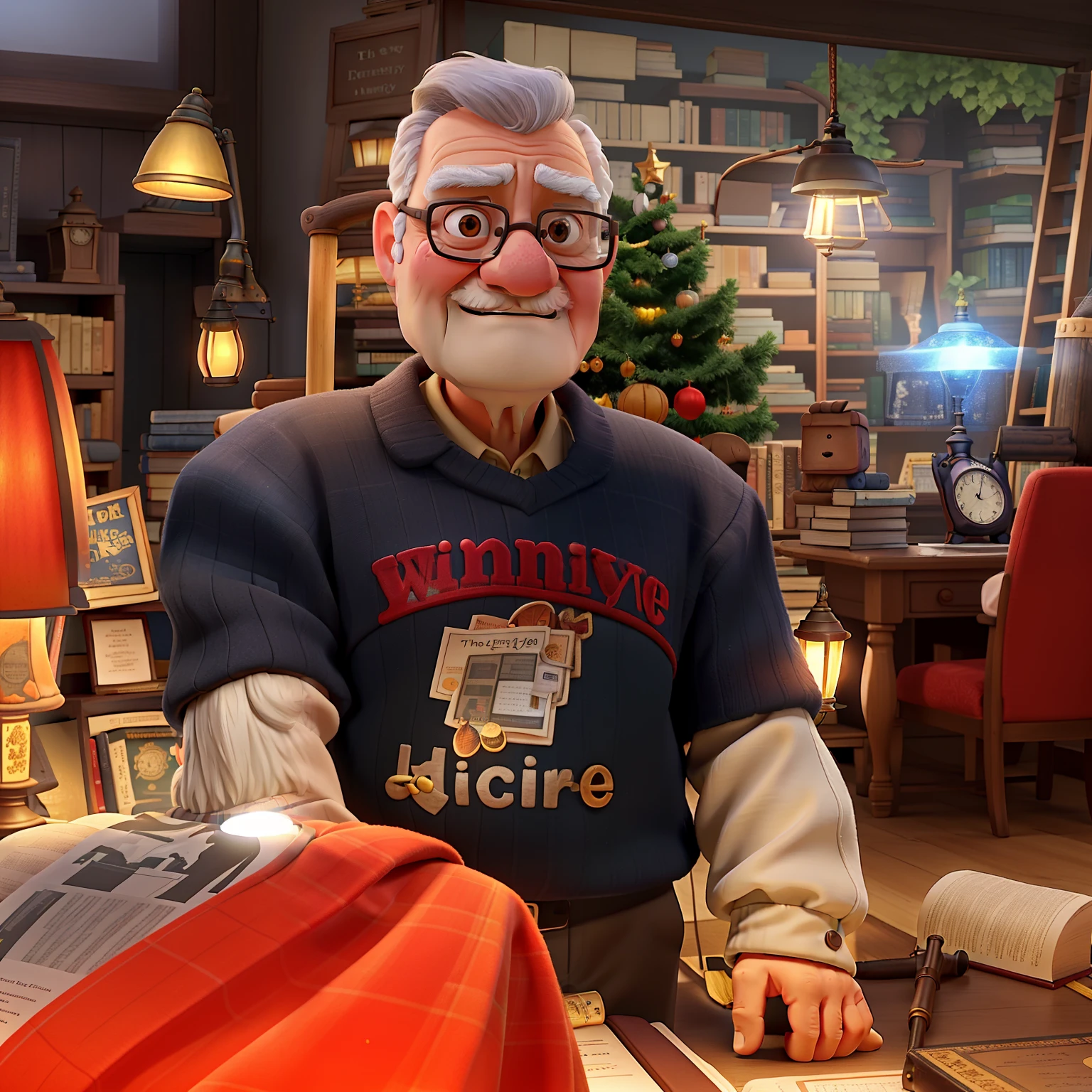 A wise old man standing in front, illuminated by the light of a lamp, against the backdrop of a library