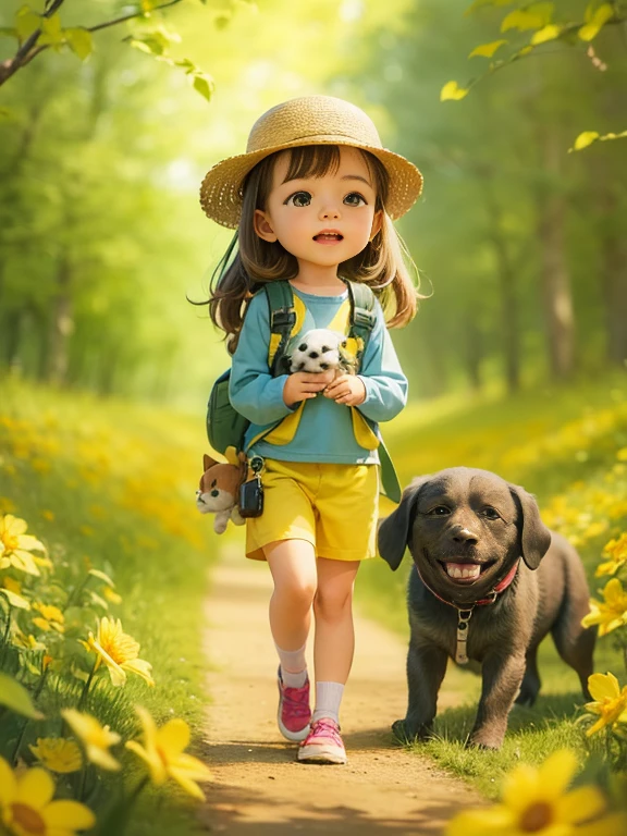 A very cute girl with a backpack and her cute puppy enjoying a beautiful spring walk surrounded by beautiful yellow flowers and nature.. The illustrations are high-resolution illustrations in 4K resolution with very detailed facial features and cartoon-style images..