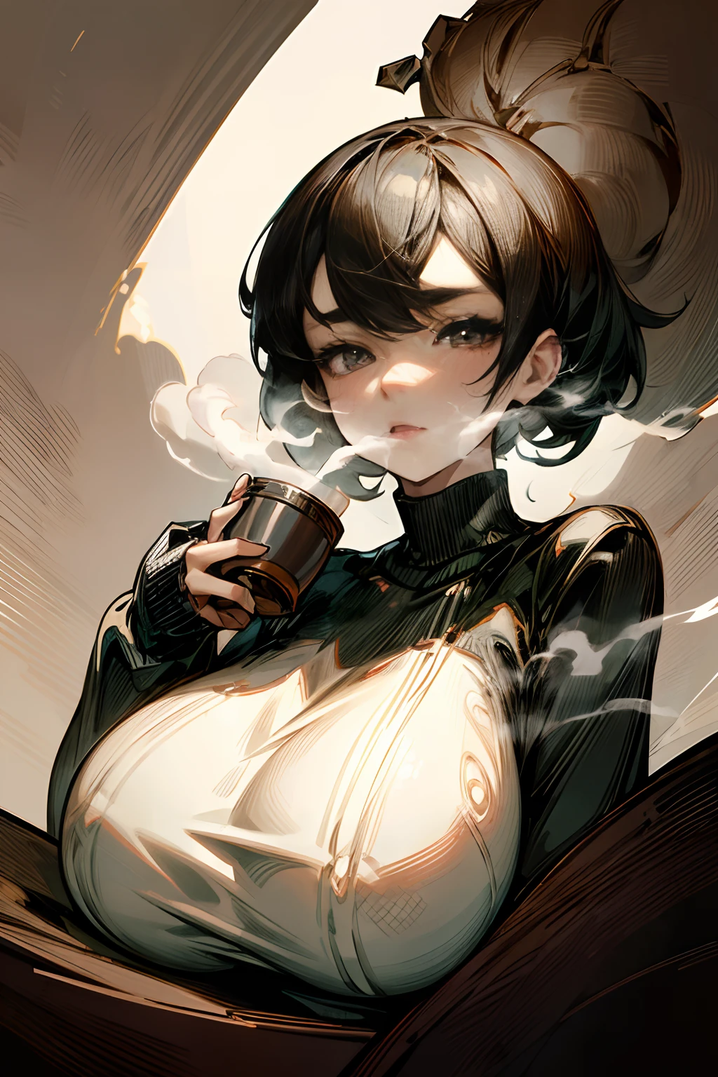 A minimalist portrait of a woman in a knit tops drinking a (steaming cup of tea:1.2), (detailed beautiful face:1.0), vector image, abstract lines, gigantic breasts, giga_busty,Detailedface