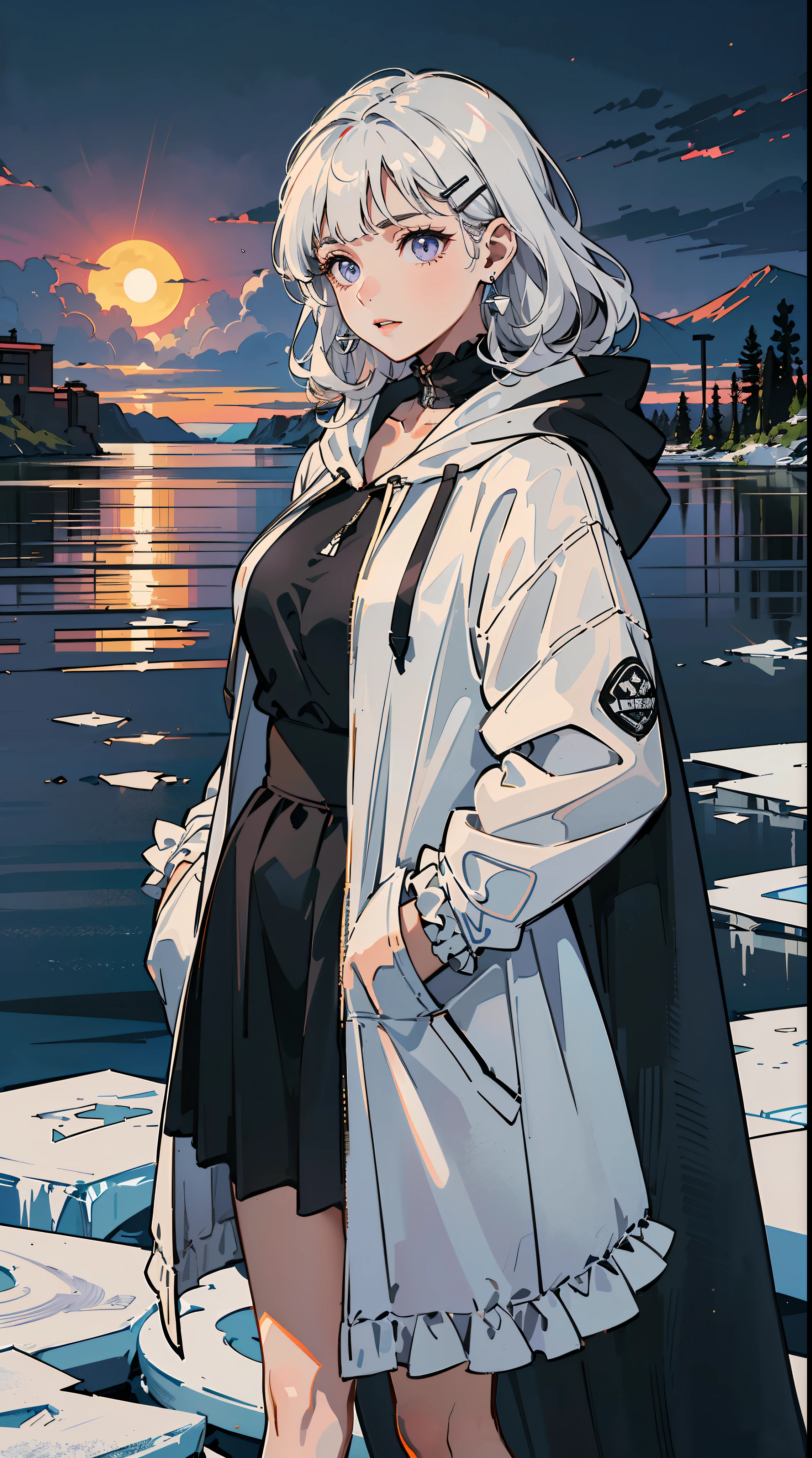 ((((frills,large black hoodie,))))((hands in pockets,))(Masterpiece illustration,Beautiful and aesthetic:1.2,head up,aim to sky), Best quality,Top quality, Epic quality,((((nature,on the iced lake,on a ice shield ,outdoor,cloudy,iceland,))))(beautiful purple sunset,moonlight,moon glare, god light, from above:1.3,))Neat face,underage,mature,Beautiful detailed hair,white hair,hyper HD, retinas, Textured skin, A high resolution, 16k ,((hairclip,blunt bangs,sidelocks,middle hair,natural curly hair)),Detailed face, 1JK, lady,Solo, Perfect face, Very amazing girl,((covered by thin translucent cloth,skindentation,high waist skirt,black hybrid white coat,large cloak,metal earrings,spiral earrings)),rim-light