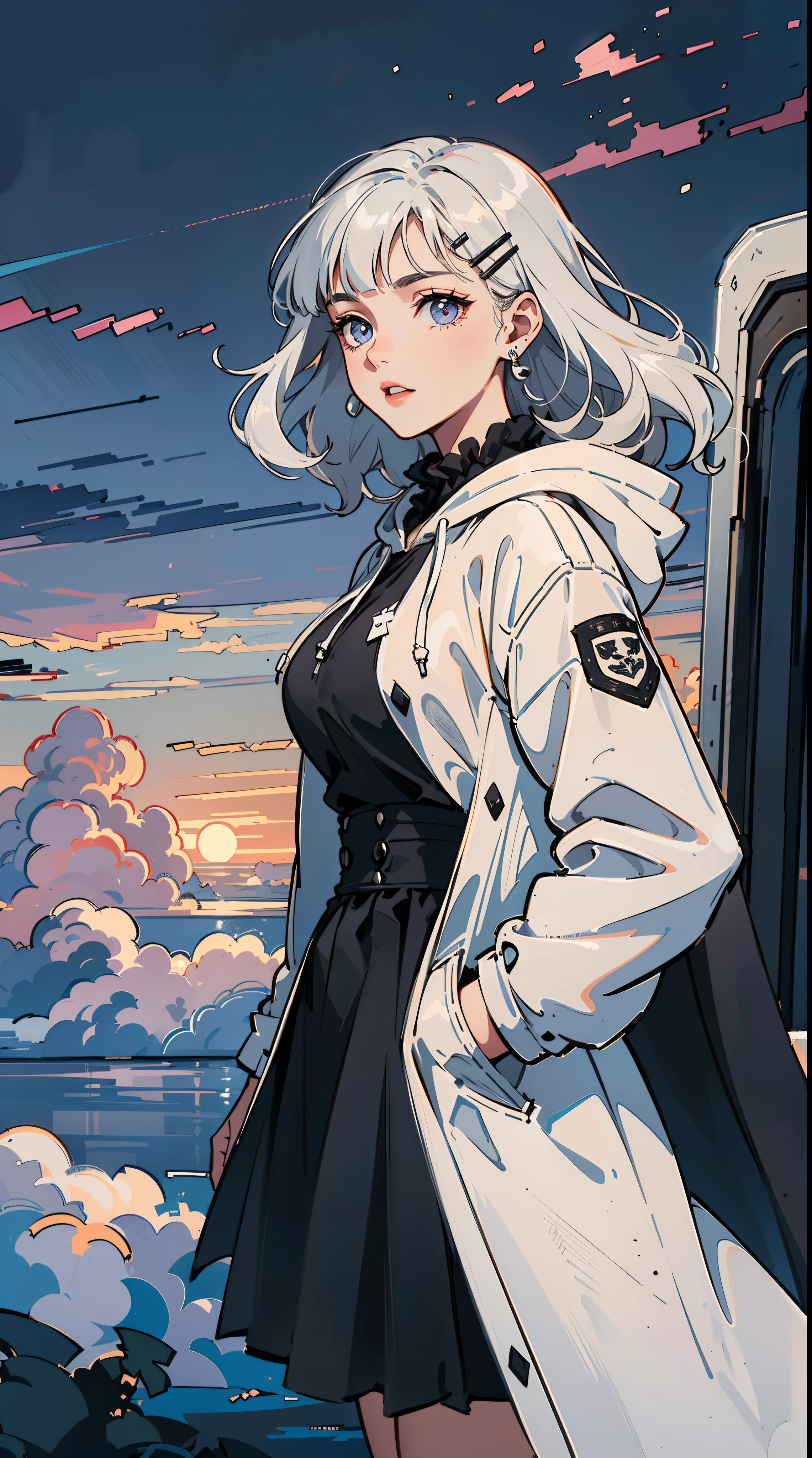((((frills,large black hoodie,))))((hands in pockets,))(Masterpiece illustration,Beautiful and aesthetic:1.2,head up,aim to sky), Best quality,Top quality, Epic quality,((((nature,cinematic stills, floating in the sky, cloud girl, clouds, cloudy,))))(beautiful purple sunset,moonlight,moon glare, god light, from above:1.3,))Neat face,underage,mature,Beautiful detailed hair,white hair,hyper HD, retinas, Textured skin, A high resolution, 16k ,((hairclip,blunt bangs,sidelocks,middle hair,natural curly hair)),Detailed face, 1JK, lady,Solo, Perfect face, Very amazing girl,((covered by thin translucent cloth,skindentation,high waist skirt,black hybrid white coat,large cloak,metal earrings,spiral earrings)),rim-light
