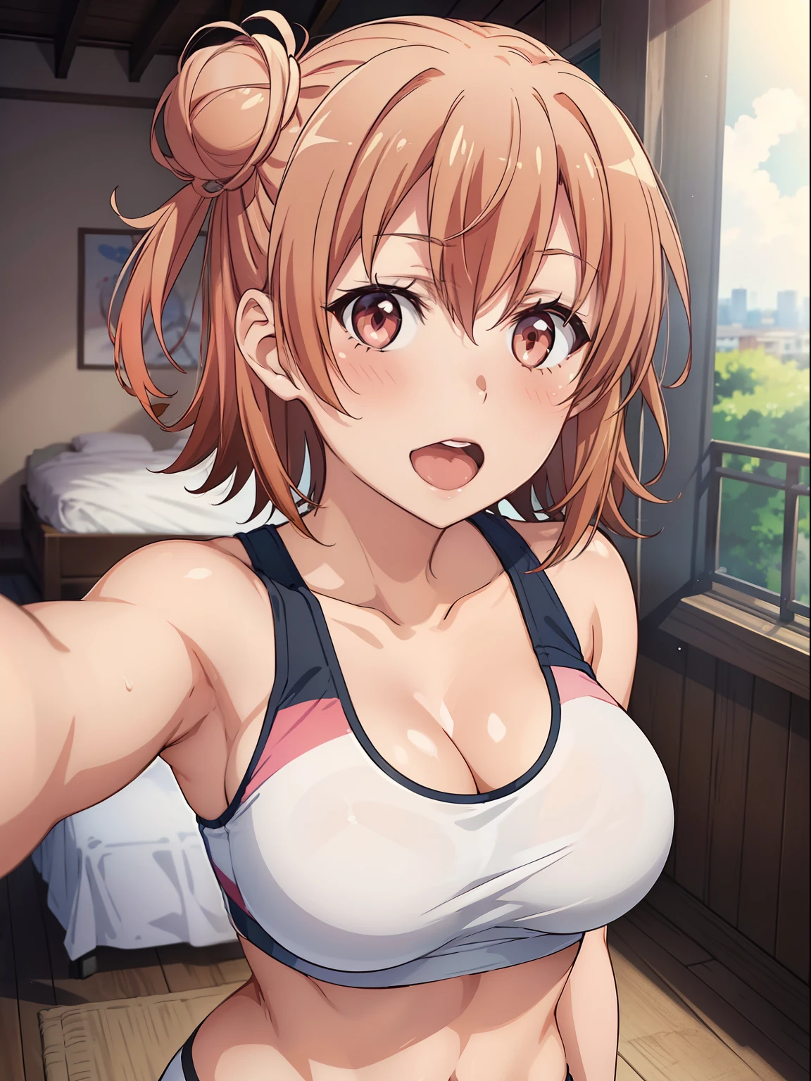 ((masutepiece, Best Quality, hight resolution, nffsw, Perfect Pixel, depth of fields, 4K, )), 1girl in, Solo, Lori, Beautiful anime girl, Beautiful Art Style, 
close up, Looking at Viewer, 
Perfect body,  

Yuigahama Yui, Hair bun, Short hair, large boob, 

Full face blush, Smile, Open mouth, 
White Sports Bra, cleavage, 
Sweat, 

Leading Ahead, Upper Eyes, 
selfee,
bedroom,