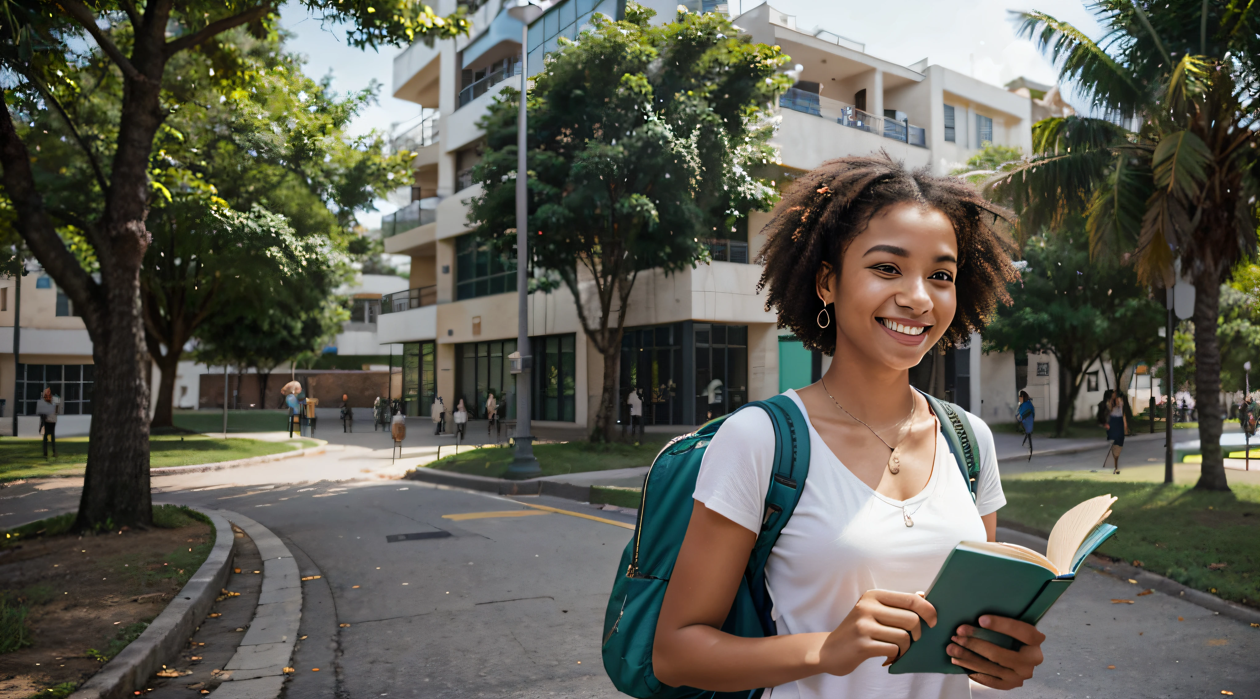 Generate an image of a Brazilian student happily strolling through a busy university campus. she is tall and slender, com um penteado afro marcante que exala um senso de individualidade. Her captivating light brown eyes sparkle with determination and curiosity.
She's dressed in a loose, blusa verde, uma cor que complementa seu sorriso radiante. She wears a practical student backpack on her back, symbolizing your academic dedication. Enquanto ela caminha, She carries a stack of graphite-covered books in one hand, showcasing your passion for literature, And she holds a modern set of wireless earbuds around her neck.
This distinguished student embodies the spirit of a cheerful, Estudante apaixonada por livros com seu penteado afro, while confidently navigating the lively atmosphere of the university campus.