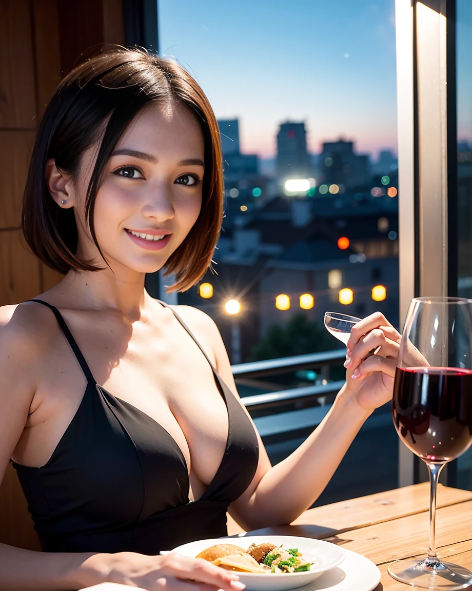 (10, UHD, 最高品質, masterpiece: 1.2), (Realistic, photorealistic portrait: 1.37), Super Detailed, 1 beautiful woman, (slim face), (Slim body), (brunette hair), (short cut), Cheeks slightly reddened., (Age 44 years), 38 years old, bara, Detailed city night view outside the window, restaurant, Wine glass seat, at night, In a prominent place NovaFrogStyle, actress, Model, Waist up, White Wine, slim, Wine Glass, Super night view, A wine glass is placed in the center., Happy smile, (smile: 1.15), beautiful fine eyes, Upper body, Japanese Breasts Up, nighttime, short, short, actress, Model, Waist up, White Wine, slim, Wine Glass, Super night view, A wine glass is placed in the center., Happy smile,